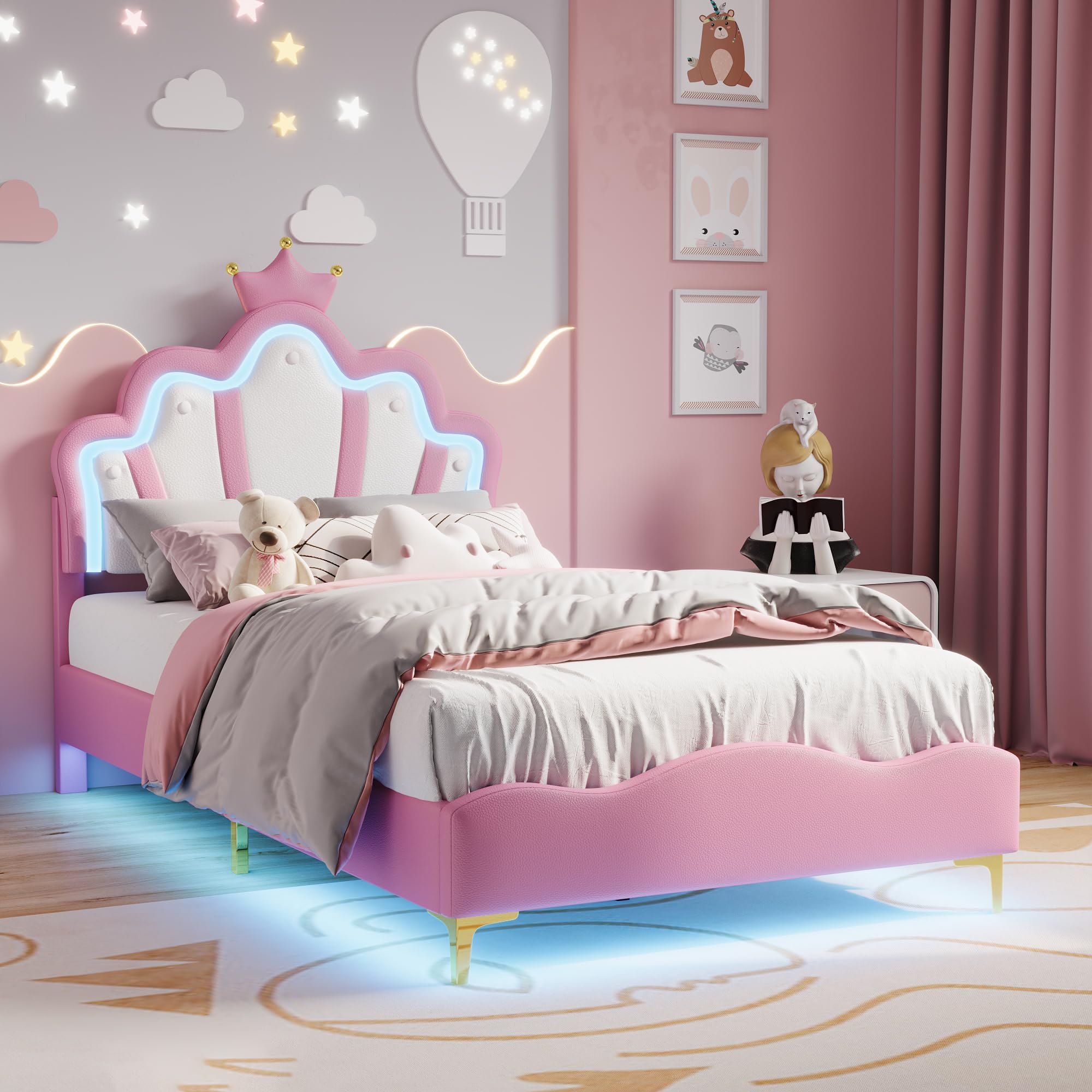 Lit Enfant Rembourré 90x200 cm pour Fille, Lit Princesse à Tête de Lit en Forme de Couronne, avec Bandeau LED Lumineux Réglable, PU Rose (sans Matelas)