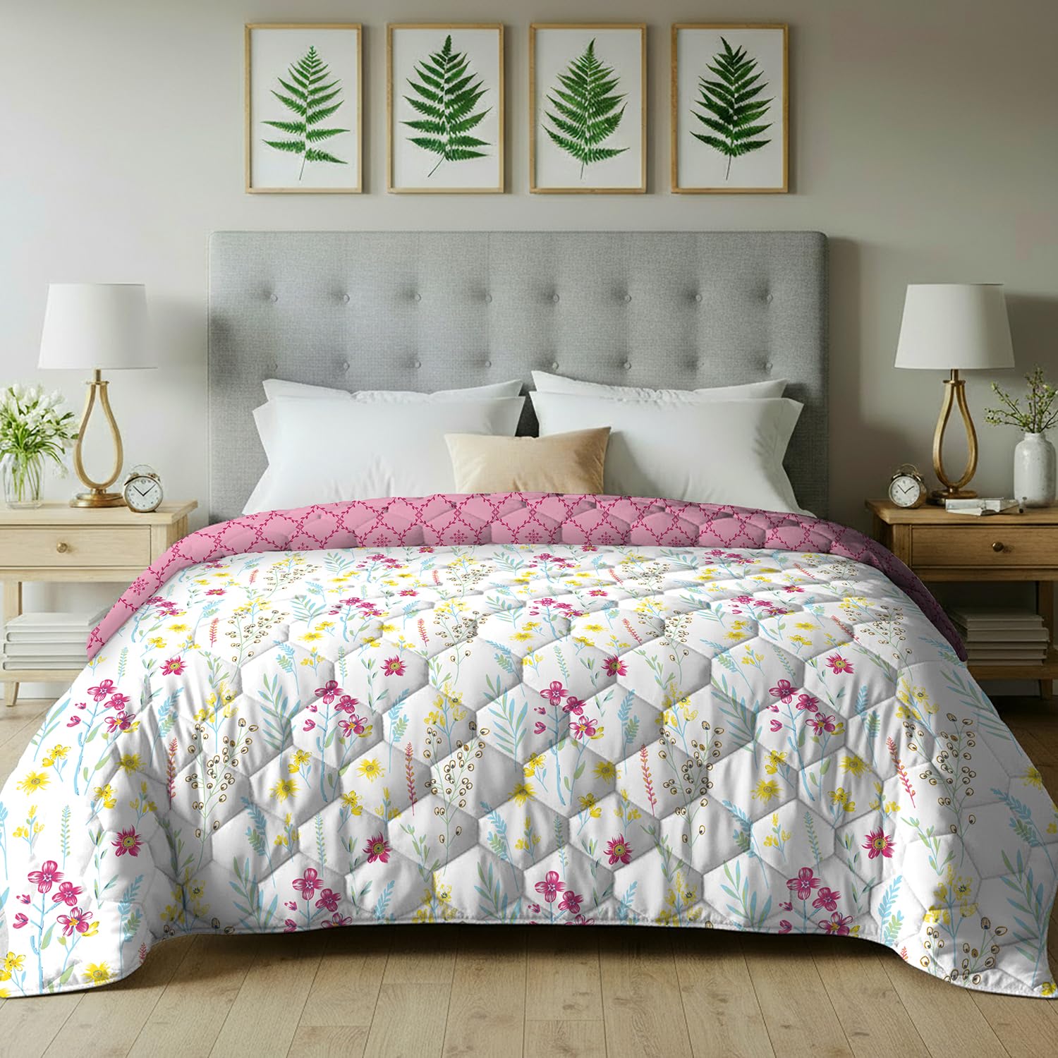 Urban Space Super 120 GSM Soft Brushed Microfiber Cotton Dohar Double Bed, 3 Layered Quilt Dohar, Lightweight Reversible Printed AC Blanket Double Bed for All Season (France - Pink - 220cm x 240cm)