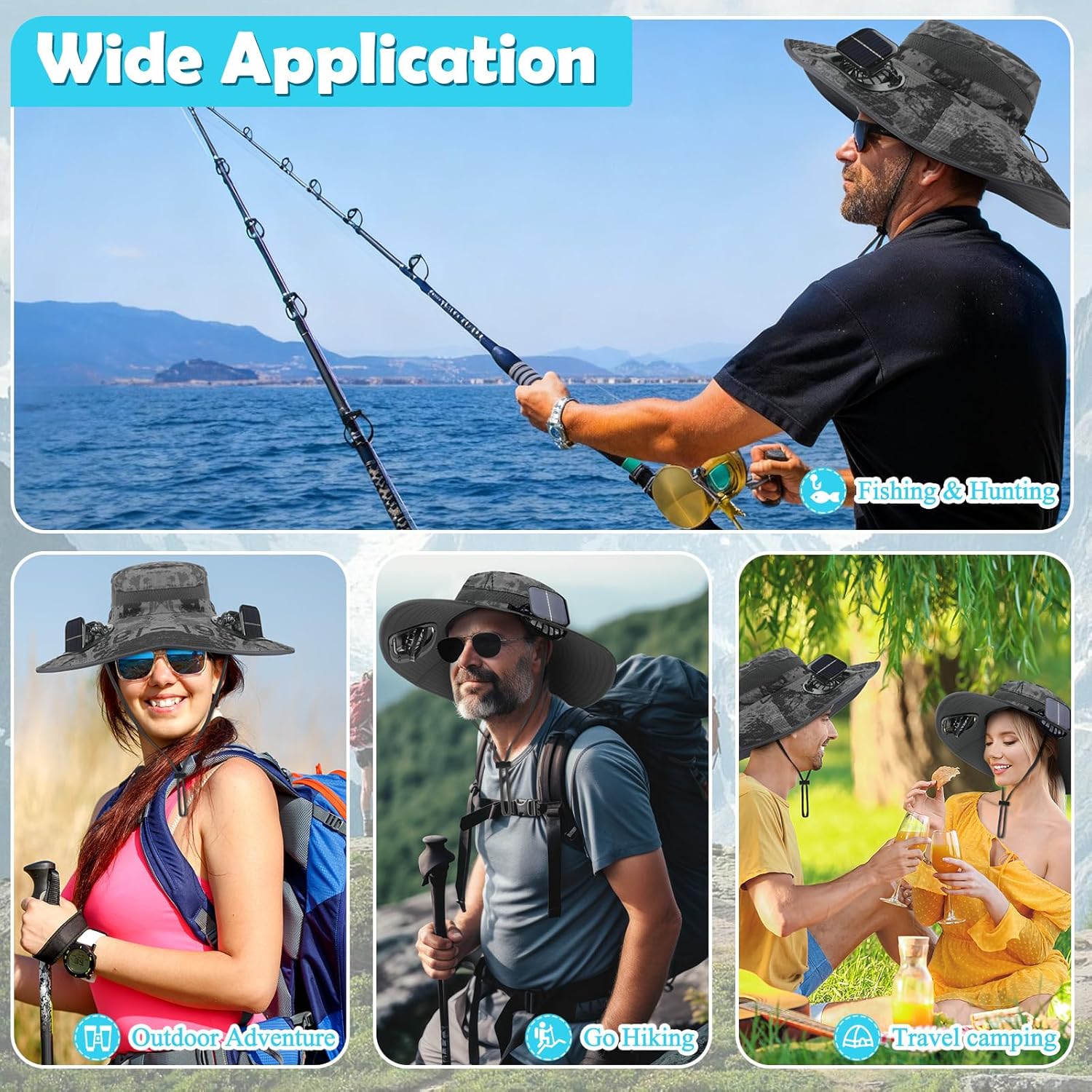 Berlune Solar Fan Hat with 2 Fans for Men Wide Brim Cooling Outdoor Hat Fishing Hiking Bucket UPF 50+ USB & Solar Powered