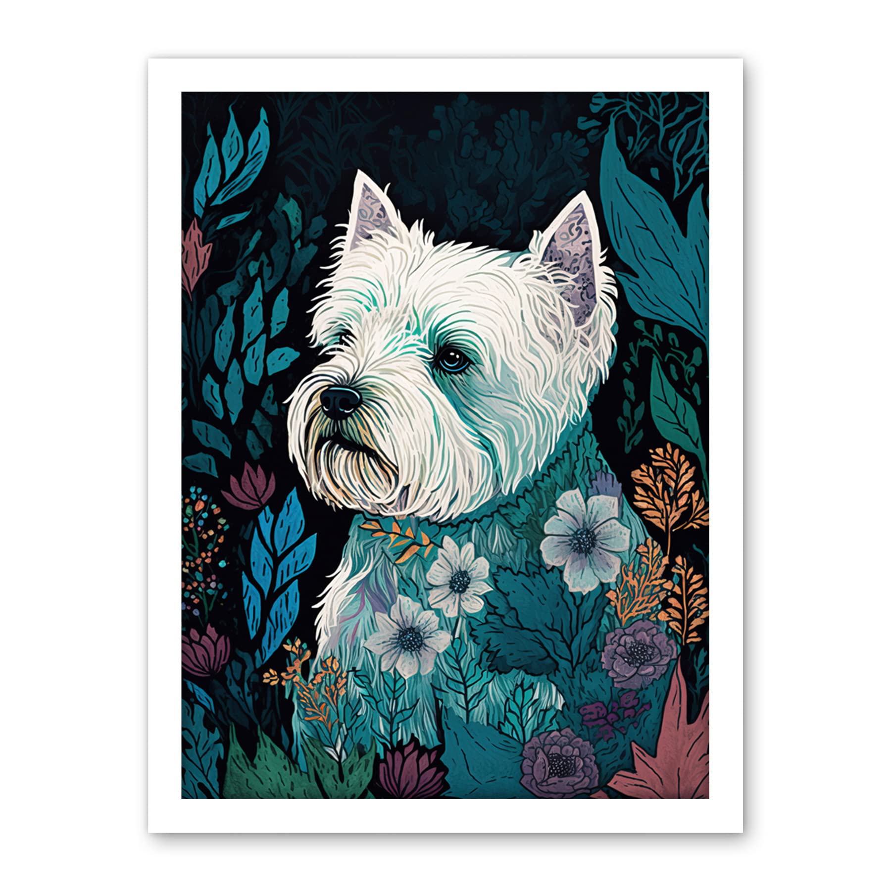 Artery8 West Highland White Terrier in Flowers Dark Multicoloured Linocut Illustration Artwork Framed Wall Art Print 18X24 Inch