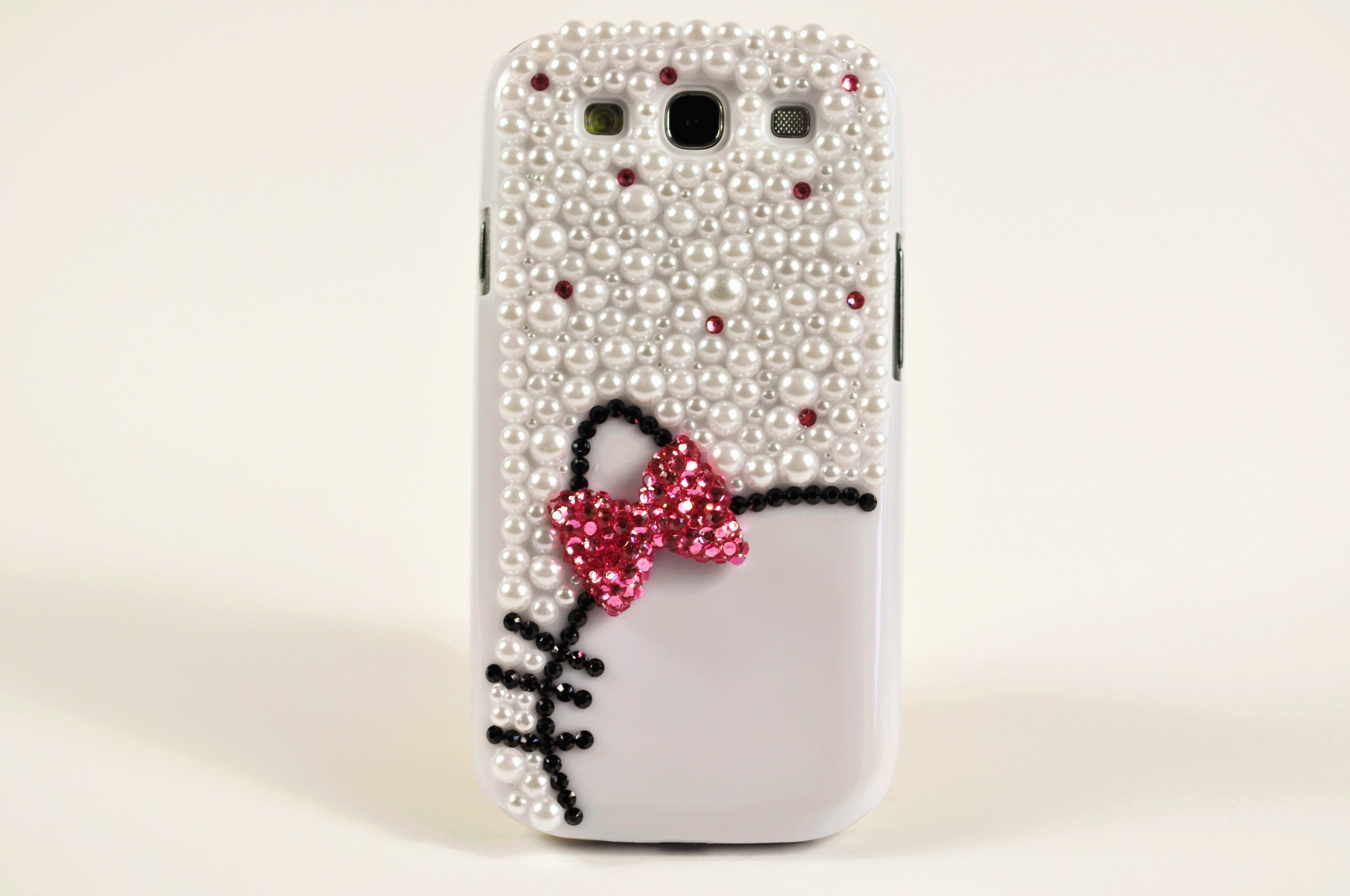 FancyG Luxury 3D Diamond Crystals Pearls Pink Bow Tie Knot White Back Cover Case Fits for Samsung Galaxy S3 9300 Beautiful and Cute Best Gift