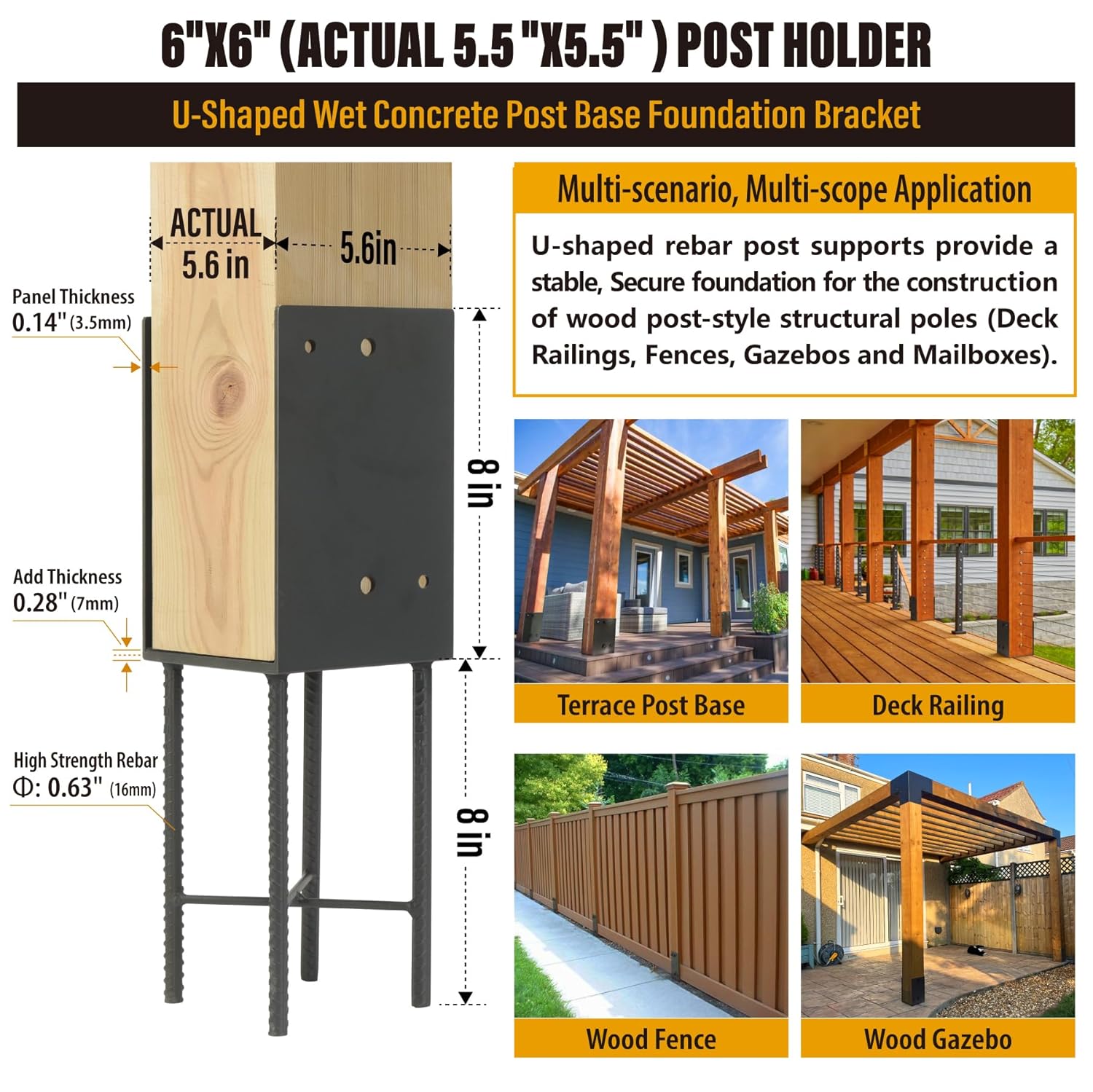 6"x6"(Actual 5.5"x5.5") Stainless Steels U-Shape Post Holder, Wet Concrete Post Anchor, Heavy-Duty Post Base Bracket for Fence, Deck Railing, Wood Gazebo, Pergola (2pack-Dark Gray)
