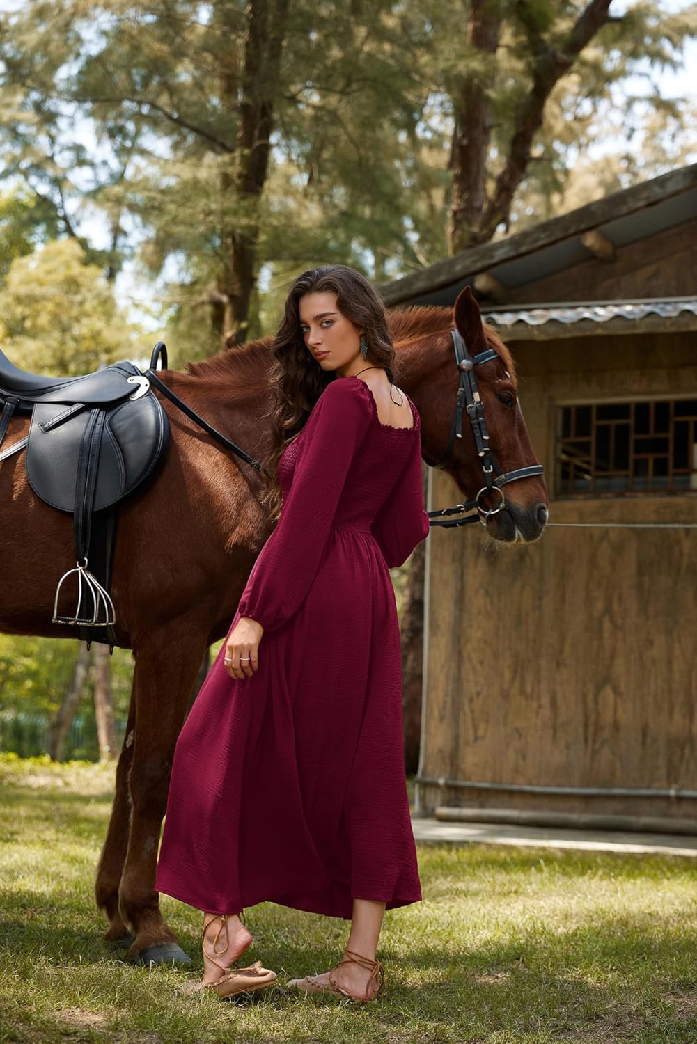 Scarlet Darkness Renaissance Dress Women Long Sleeve Cottagecore Smoked Dress with Pockets - Image 3