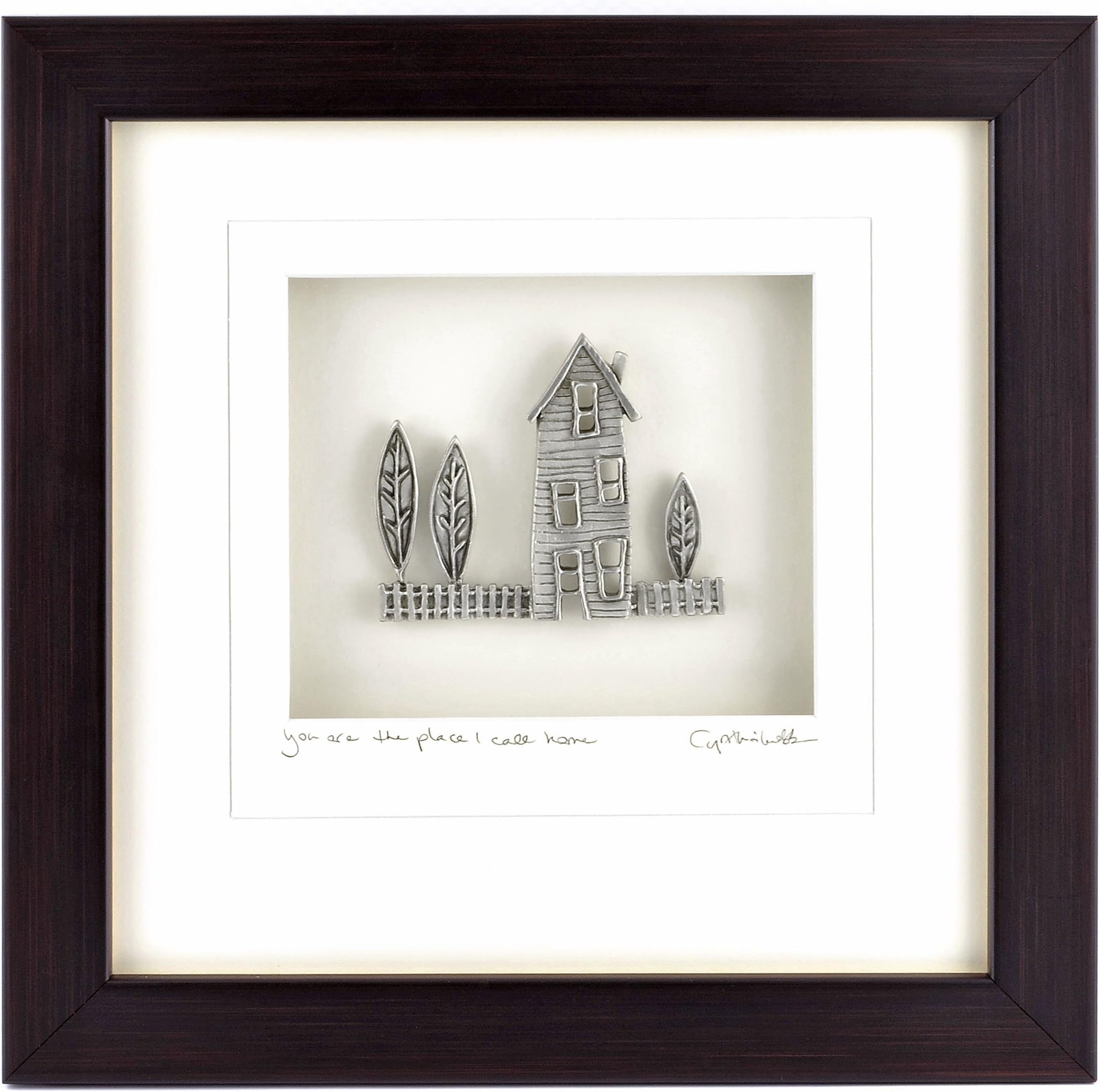 Cynthia Webb Designs Cottage with Pine Trees You Are The Place I Call Home Framed Pewter 9"x9" Dark Espresso Finish Wood Frame – Handcrafted in the USA