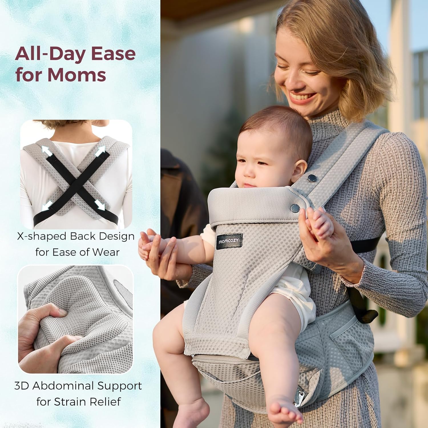 Momcozy Babytrage mit Hüftkissen, 2-in-1 Verstellbare & Abnehmbare Babytrage bis 20kg, Atmungsaktive Tragehilfe mit Lendenstütze für Eltern, Für Neugeborene & Kleinkinder, Grau