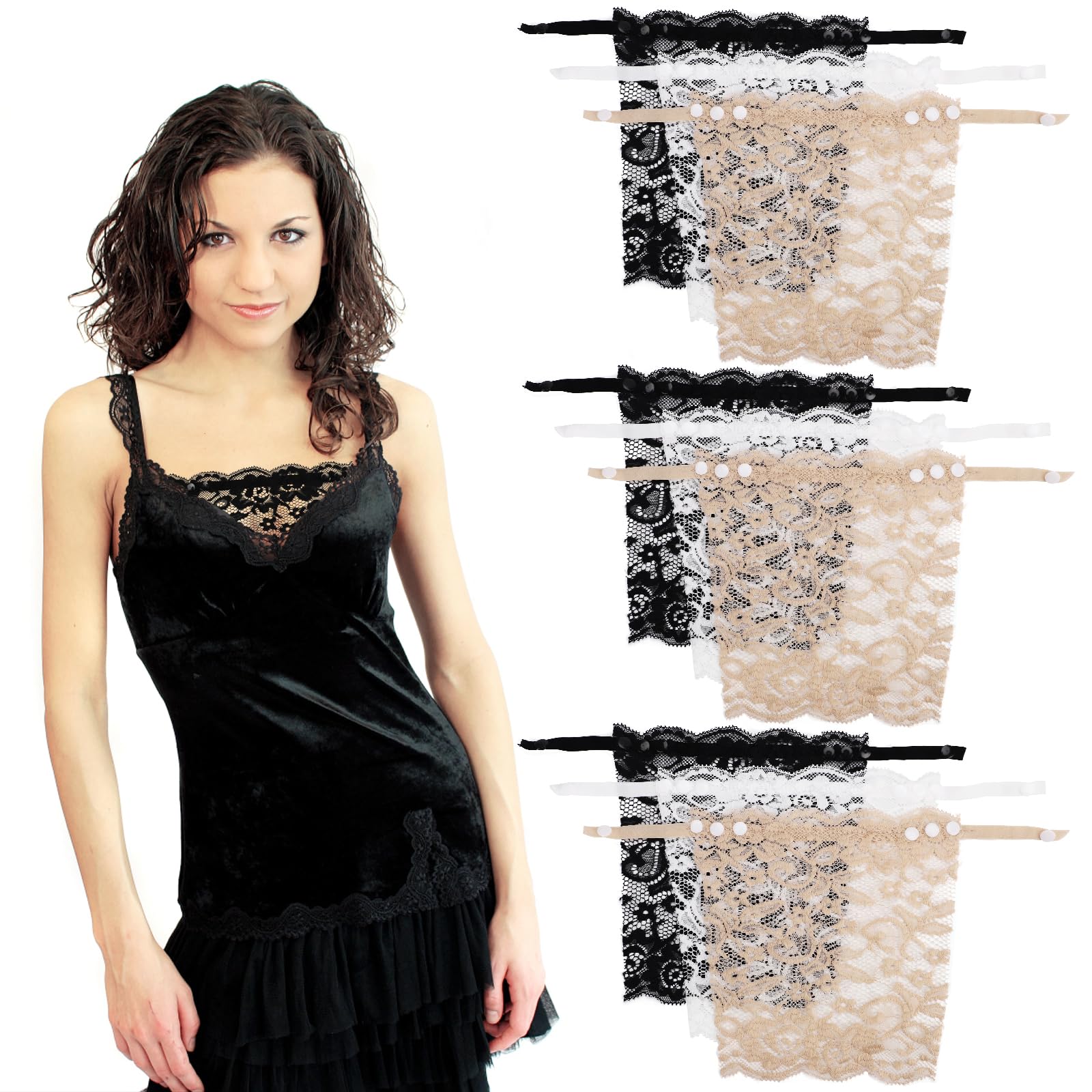 Risipu Lot De 3 Cache-Décolleté Dentelle Femme – Insert Modestie Réglable Pour Robes Et Tops Bas – Noir Et Blanc
