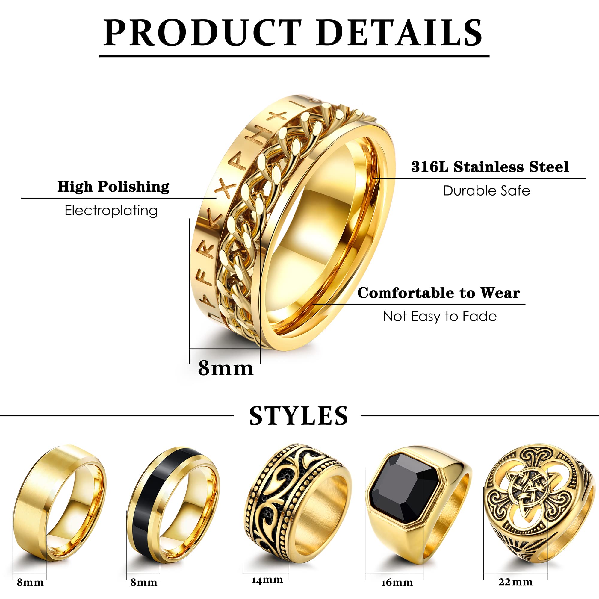 ADRAMATA 6 Pezzi CelticoAnello Gotici Set Anelli da Vichingo Vintage Sigillo Oro Argento