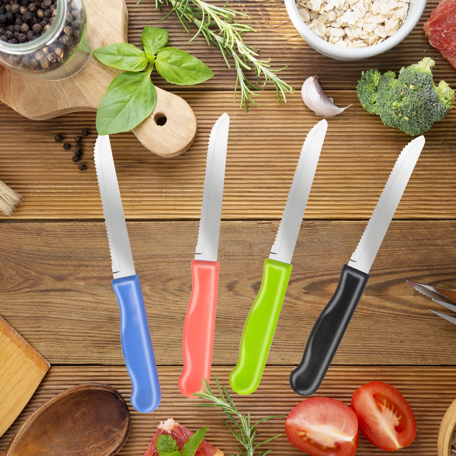 XIKAYA Set di 8 Coltelli da Cucina e da Tavola, Acciaio Inox Colorato - Multiuso per Colazione, Bistecca, Pane, Pomodoro (Incluso Seghettato e Affettatore)