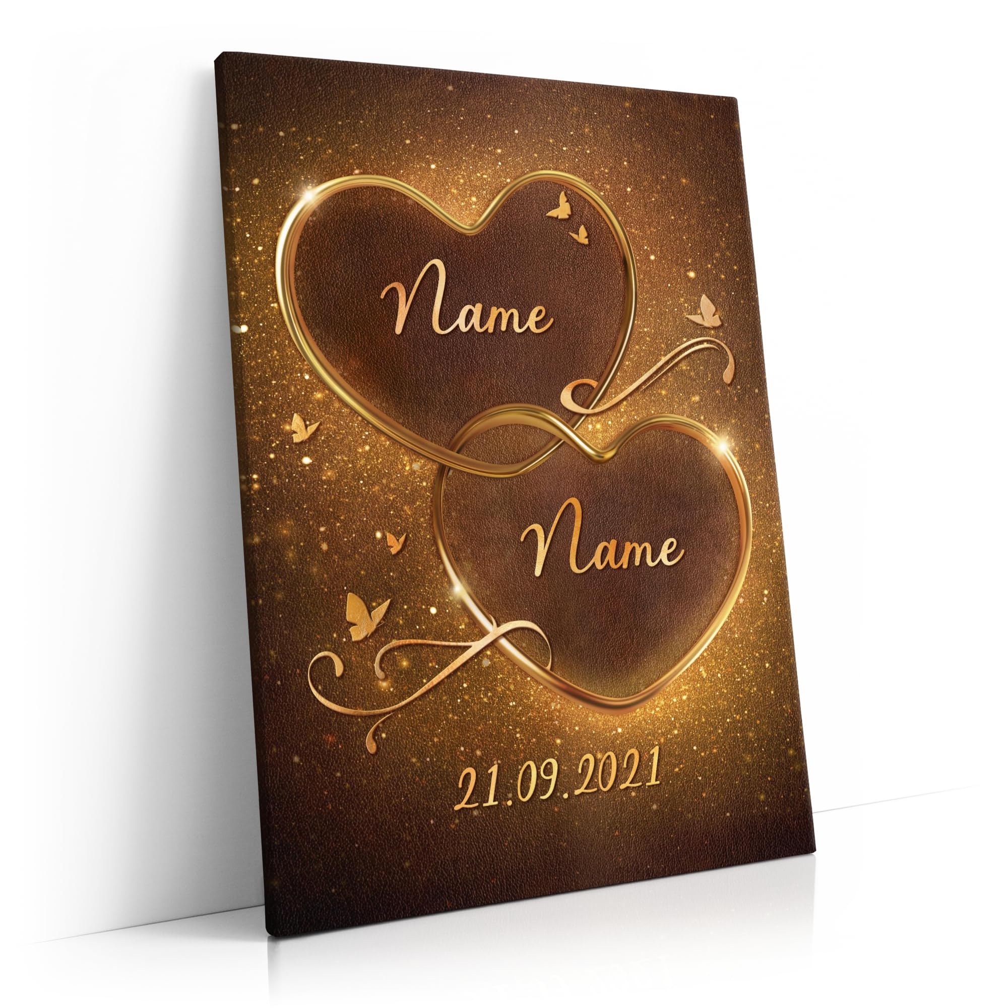 Liebesleinwand Personalisiertes Geschenk für Partner Geschenk Jahrestag, Verlobung, Hochzeitstag | Leinwandbild romantisch gestalten | Goldene Verbundenheit