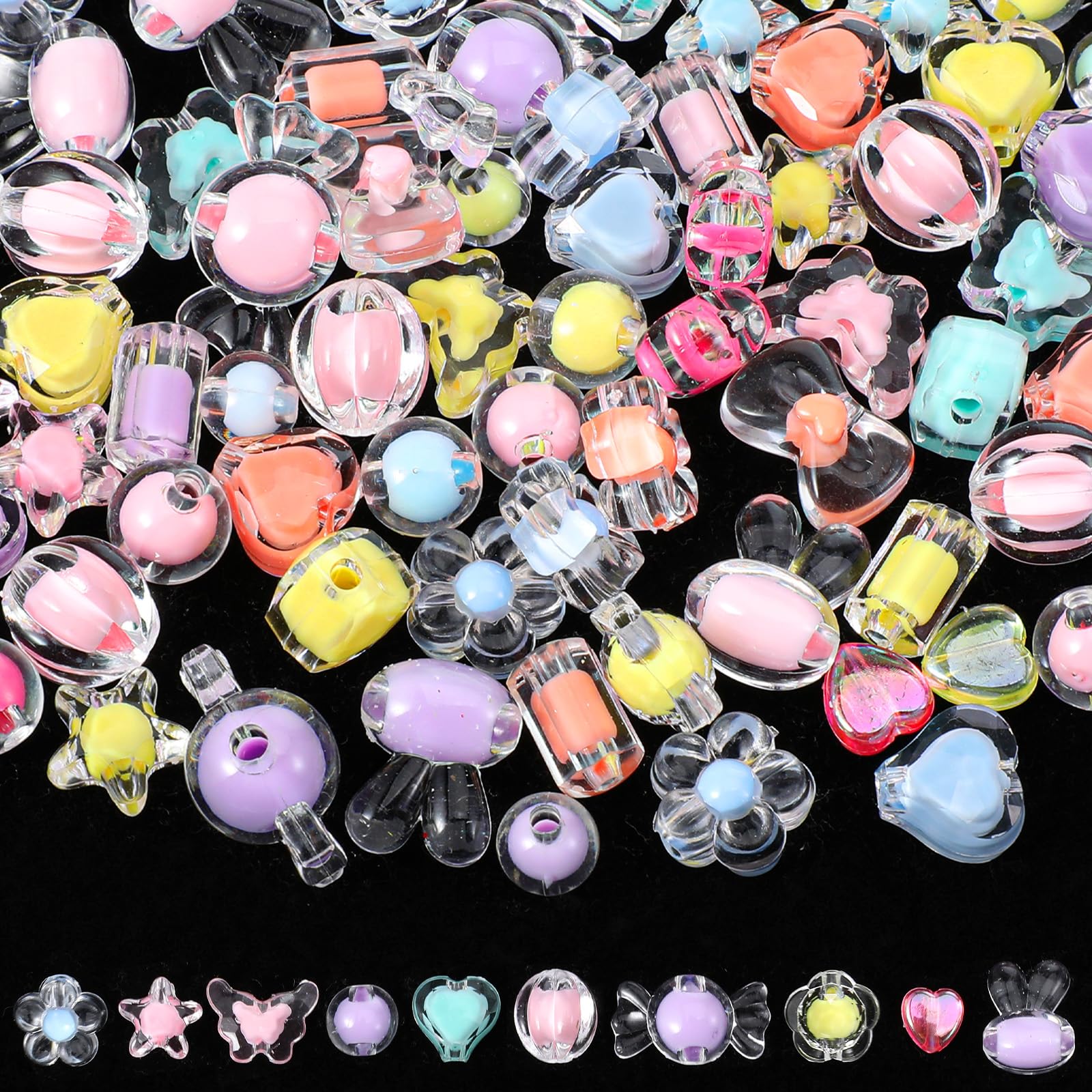 Rahhlizs 100 Pcs Cute Bracelet Beads, Candy Flower Star Heart Acrylic Beads for Jewelry Making, DIY, Crafts, Phone Charm, Gifts, Keychain