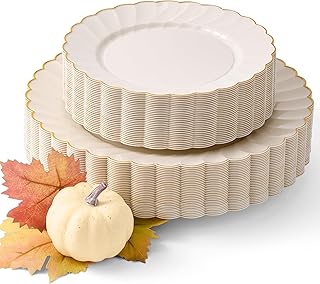 By Madee HEAVYWEIGHT 60 Pc Thanksgiving Plates Disposable – Ivory Scalloped Plates with Gold Trim | 30 Dinner & 30 Dessert for Party, Fall & Friendsgiving (30 Guests)