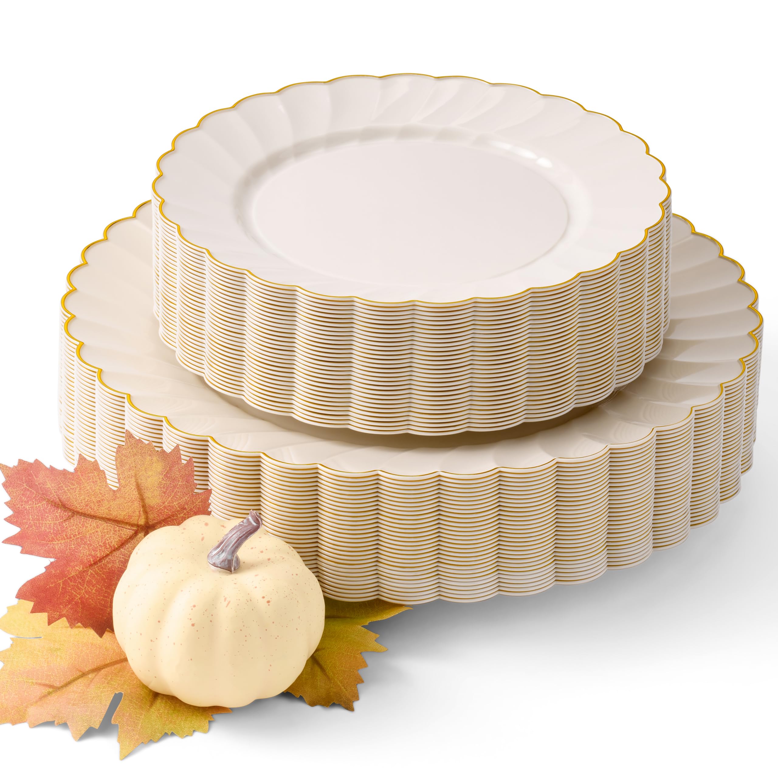 By Madee HEAVYWEIGHT 60 Pc Thanksgiving Plates Disposable – Ivory Scalloped Plates with Gold Trim | 30 Dinner & 30 Dessert for Party, Fall & Friendsgiving (30 Guests)