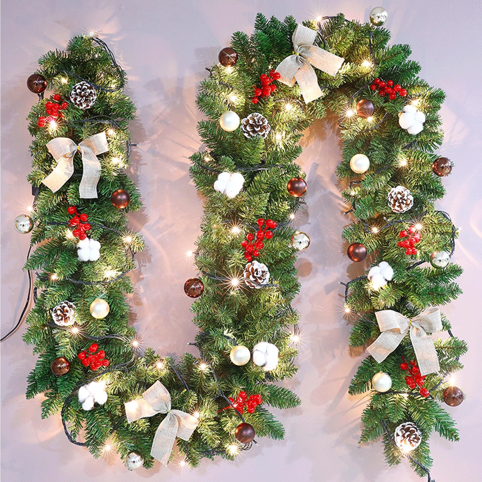 OPFdfhDFH Christmas wreaths, 9 FT Pre-lit Garland with LED Light String, with Pine Cones, Berry, Balls, Ribbon, Cotton, Xmas Decorations on Mantle Fireplace Front Door