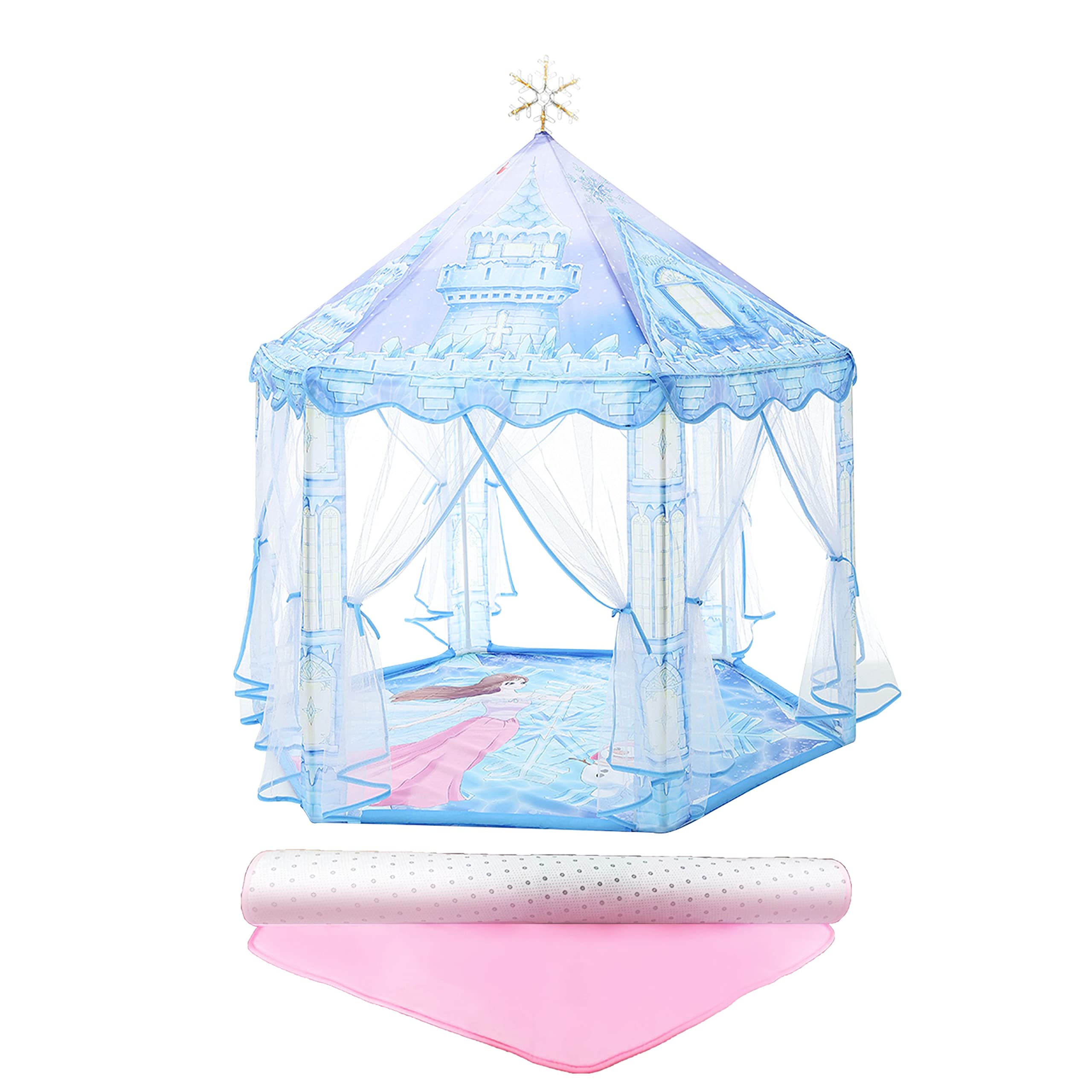 Princess Play Tent, Frozen Toy for Girls, Tent for Kids with Snowflake Lights, Playhouse for Toddlers Indoor & Outdoor, Princess Castle with Snowflake Lights, Gifts for Girls, Frozen Tent with Rug