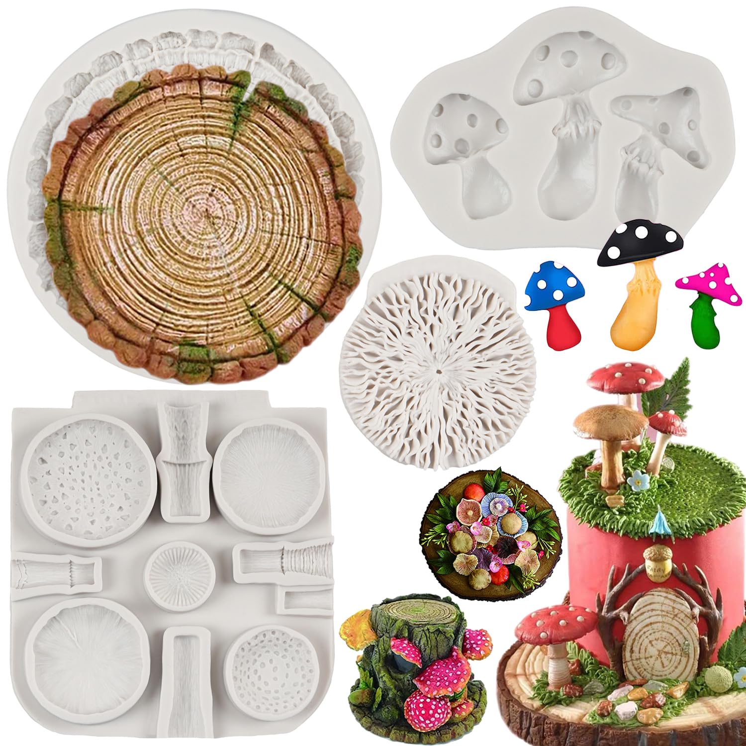 FCKEMLDS Mushroom Silicone Mold Tree Stump Fondant Molds For Cake Decoration Cupcake Topper Chocolate Candy Gum Paste Polymer Clay Set of 3
