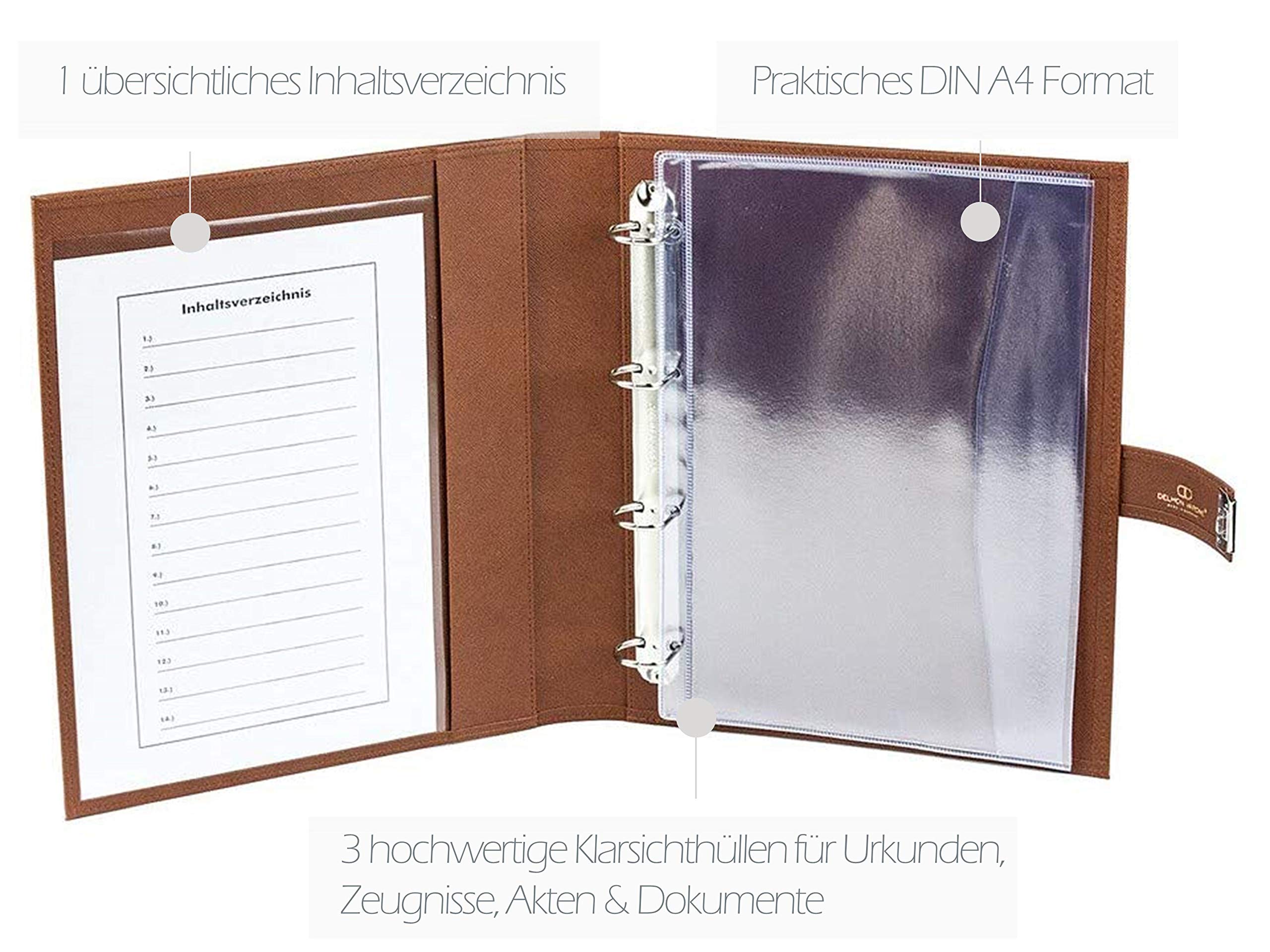 DELMON VARONE - Personalisierbare Dokumentenmappe DIN A4 mit Schloss & Schlüssel inkl. 3 Klarsichthüllen, Saffiano Kunstleder braun, Ringbuch Sammelmappe mit Verzeichnis für Dokumente & Urkunden