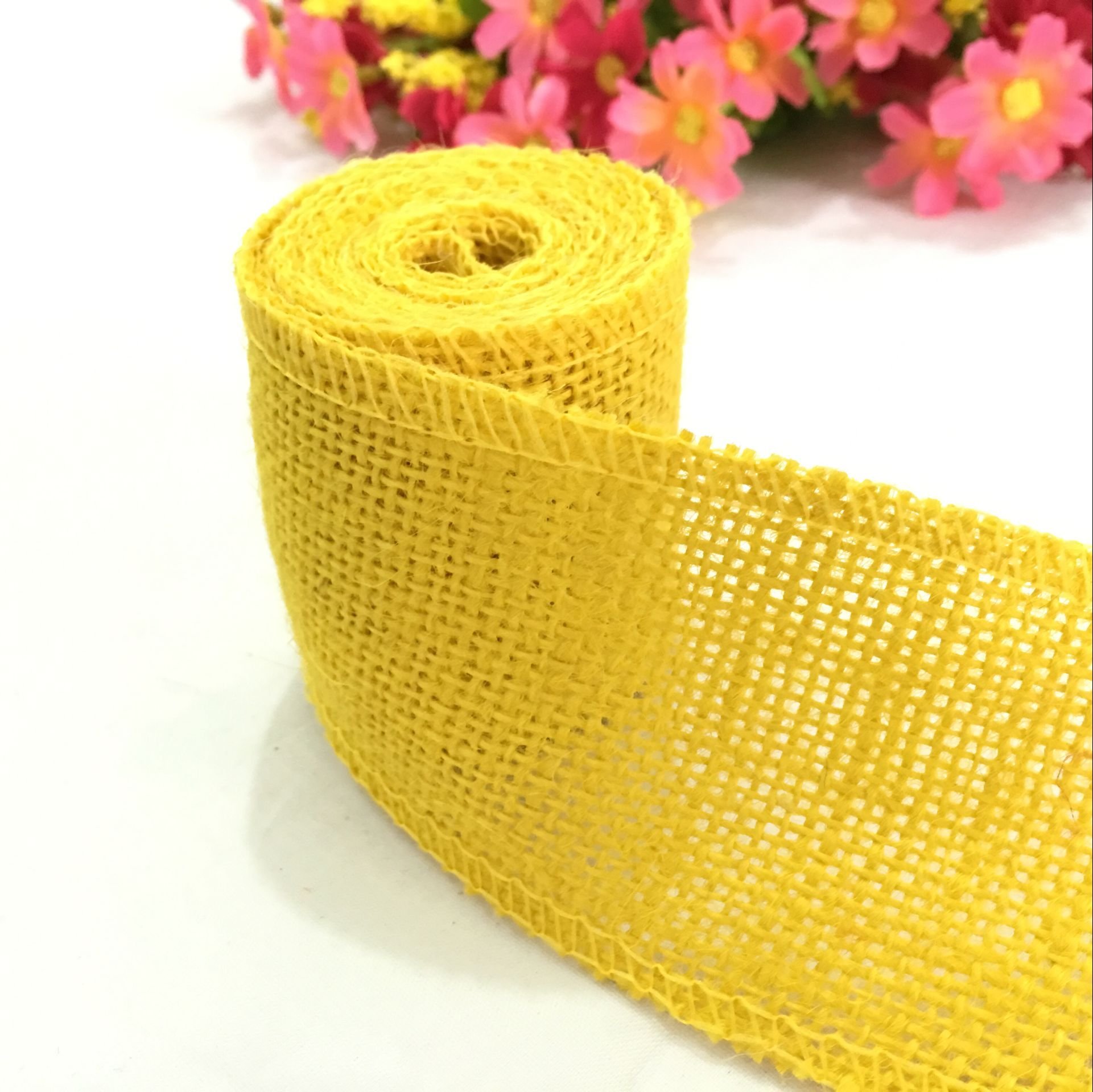 Ozxchixu Yellow 2 Meters Width 6Cm Colorful Natural Jute Burlap Ribbon Jute Fabric Roll Hessian Ribbon Trims Tape Rustic (Yellow)