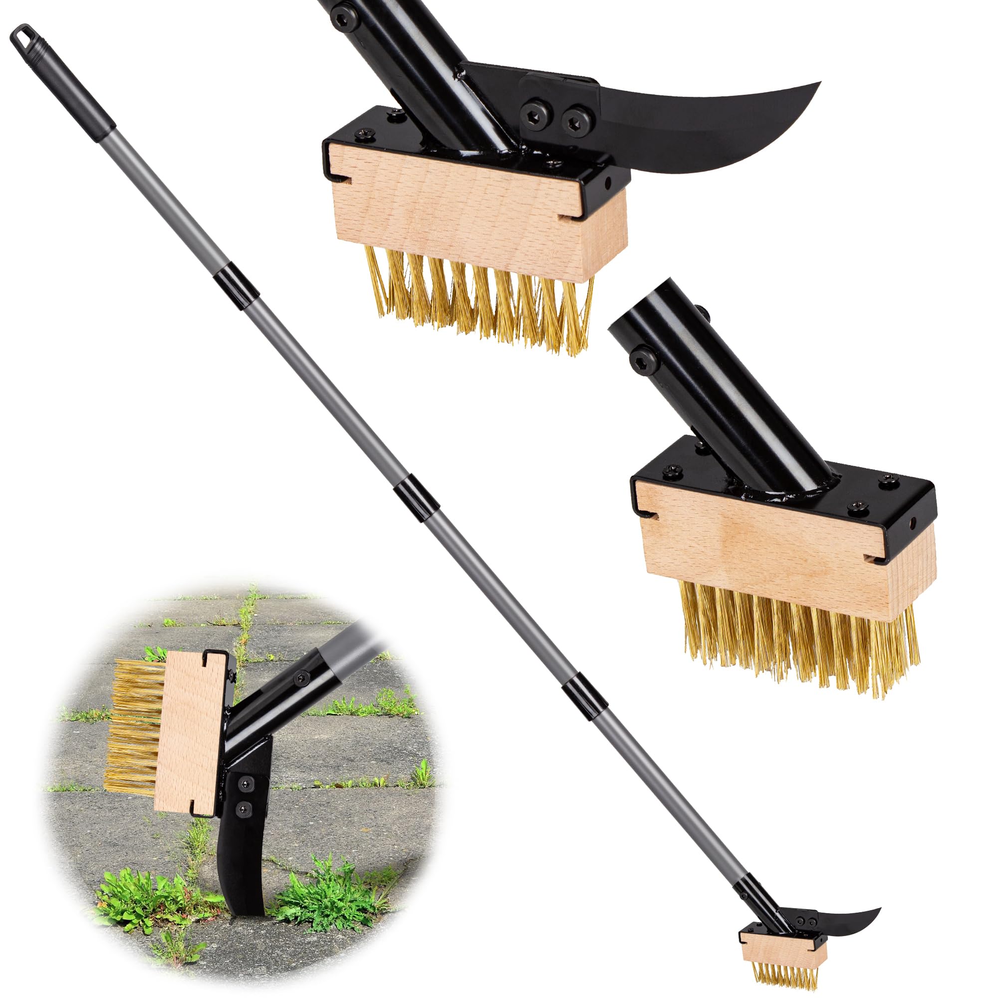 Walensee Brosse 3 en 1 pour désherbeur et mousse avec poignée réglable de 167,5 cm, brosse métallique avec 2 têtes remplaçables et grattoir pour terrasse, patio, allée, suceur plat