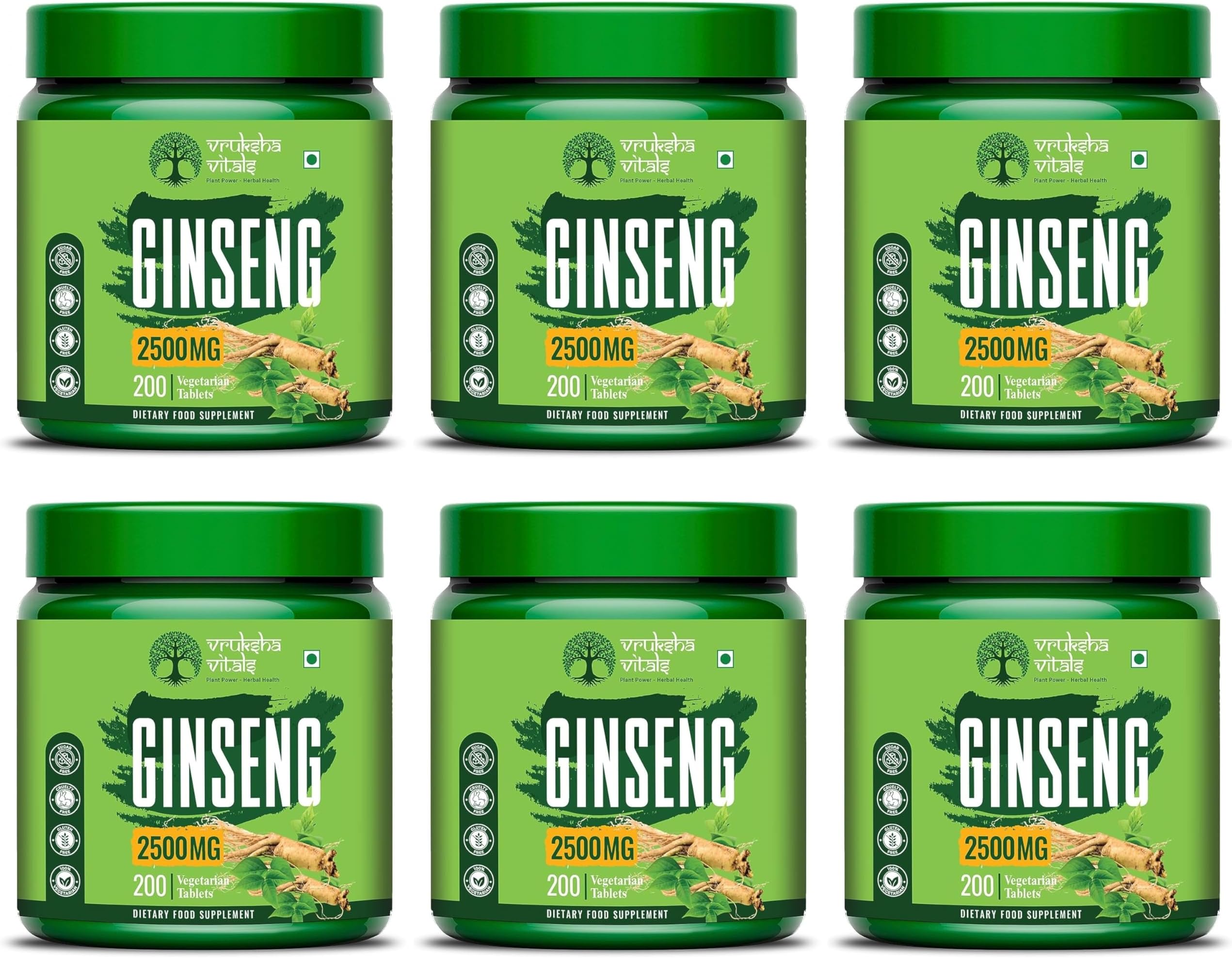 Vruksha Vitals Triple Ginseng Root - 2500 mg Tablets Capsules Supplement x Pack of 6