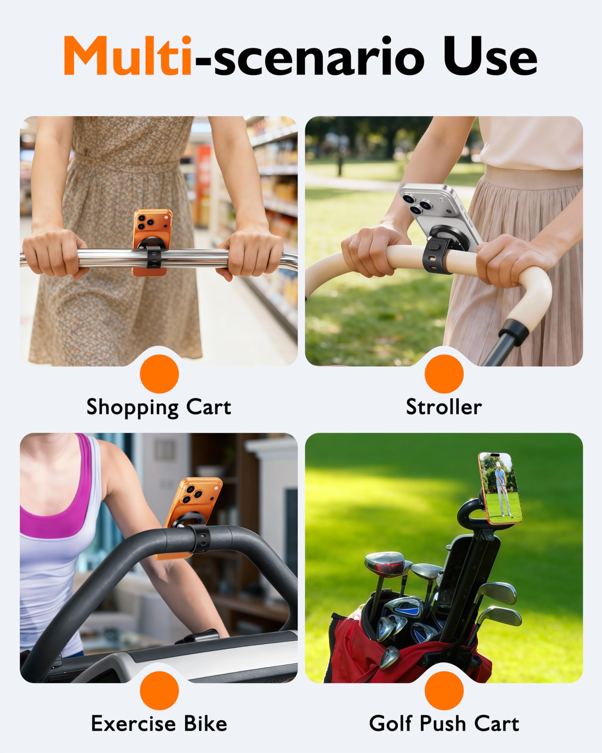 Supporto magnetico per telefono per palestra, manubrio della bicicletta, tapis roulant, carrello da golf, passeggino e carrello della spesa, supporto girevole a 360°, in silicone, compatibile
