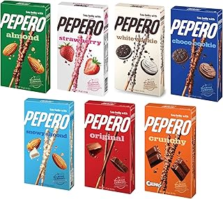 Pepero Variety Pack (7 Flavors) – Almond, Strawberry, White Cookie, Choco Cookie, Snowy Almond, Original & Crunchy – Korean Biscuit Sticks Snack Set
