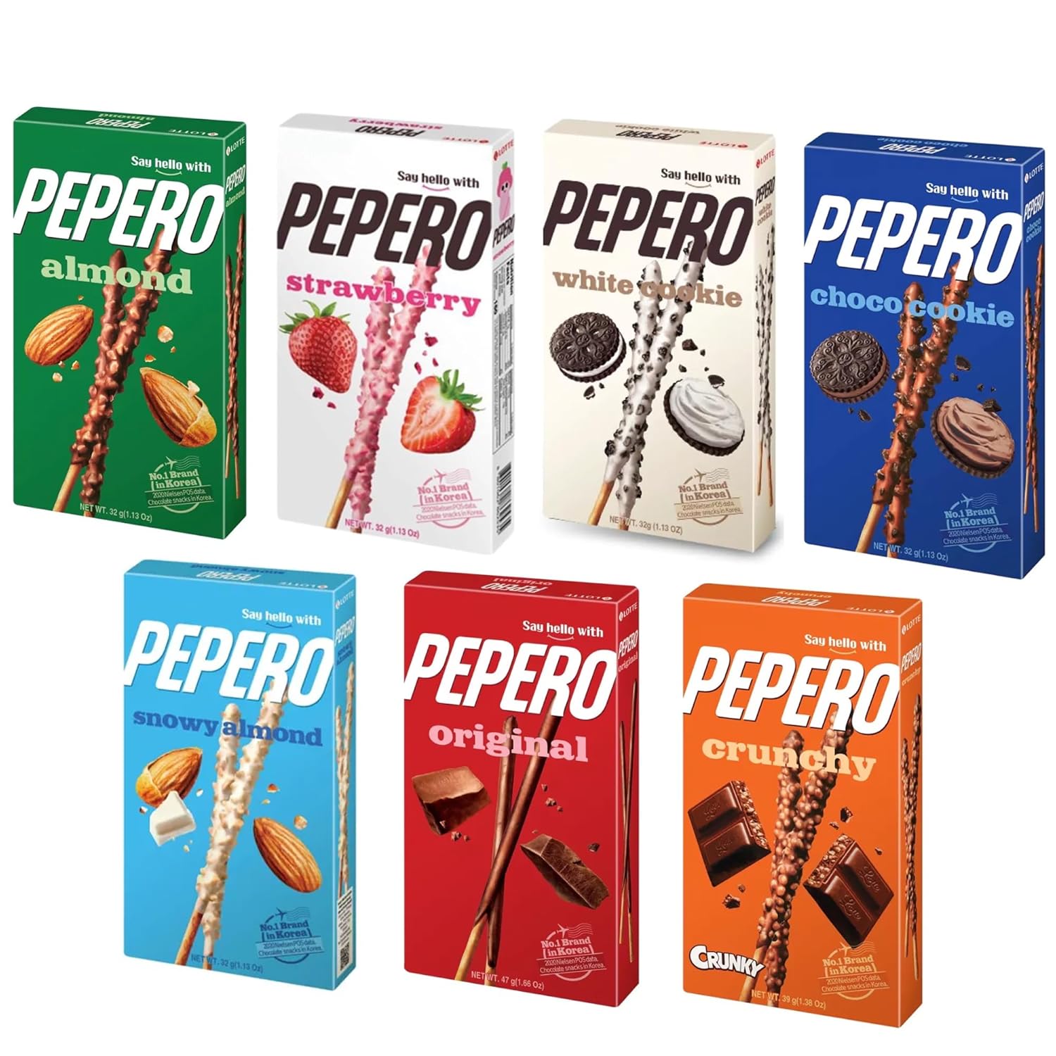 Pepero Variety Pack (7 Flavors) – Almond, Strawberry, White Cookie, Choco Cookie, Snowy Almond, Original & Crunchy – Korean Biscuit Sticks Snack Set
