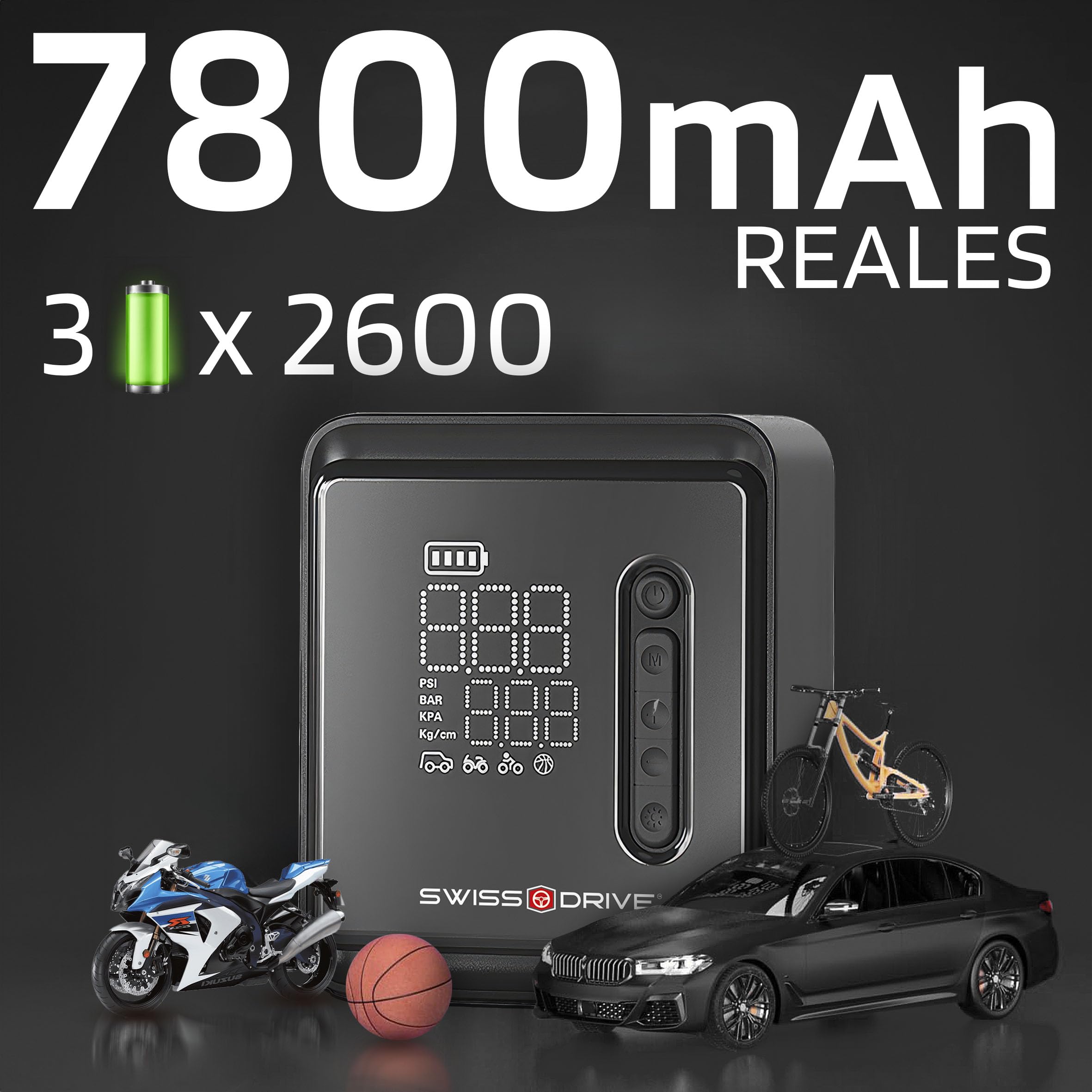 S SUMEX Mini Compresor Aire Portatil Bateria Recargable Inflador Ruedas Coche 160PSI/10,3Bar/12V/120W con Iluminación LED de Emergencia y 5 Modos de Inflado para Coche Moto Pelota Bicicleta