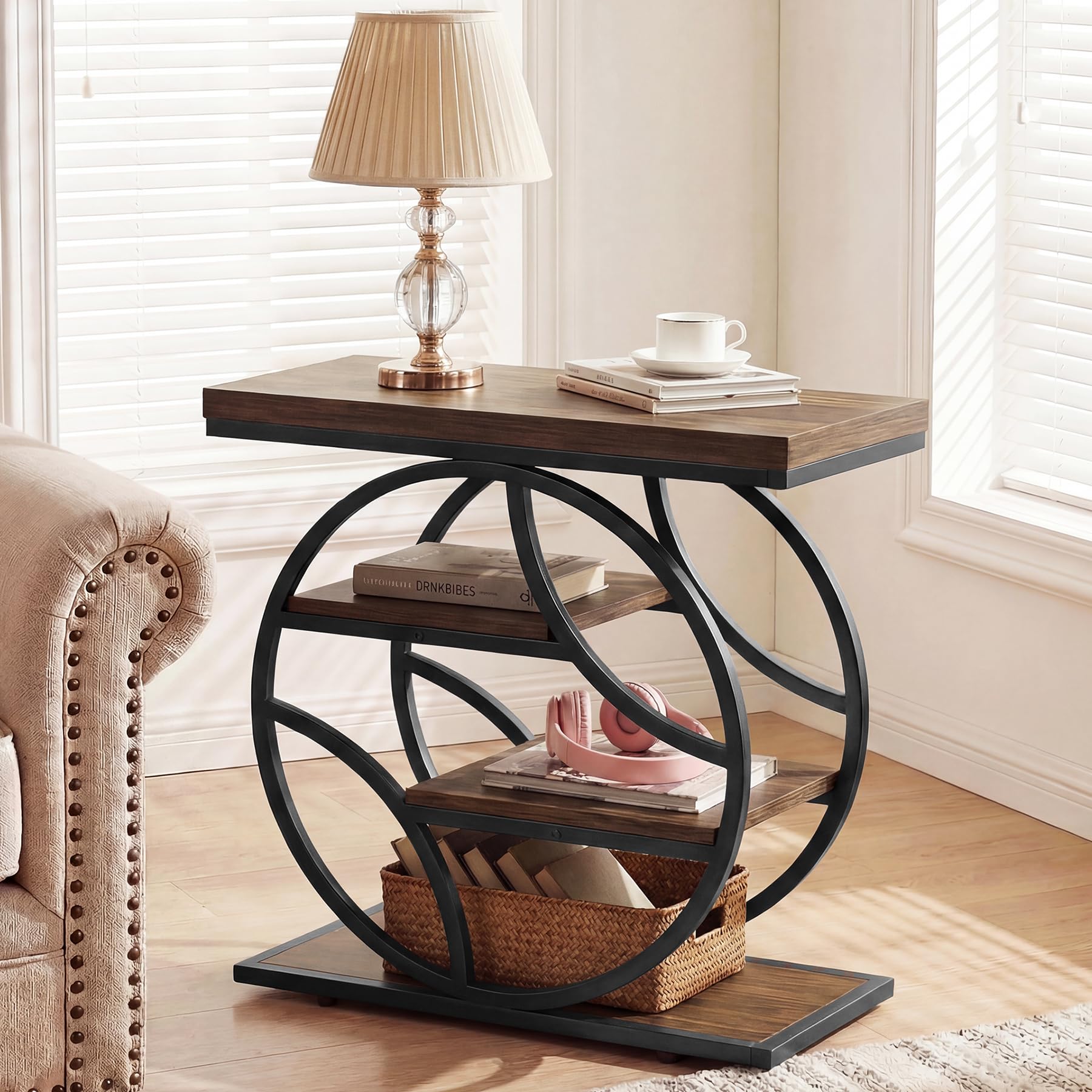 Tribesigns 25-Inch End Table for Living Room, Small Side Table with 4-Tier Storage Shelf, Narrow Industrial Nightstand with Geometric Metal Frame, for Home Bedroom Small Space