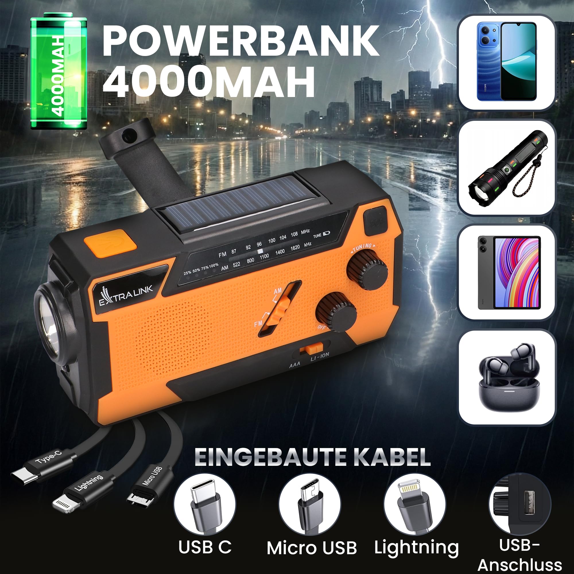 Extralink Kurbelradio Notfallradio mit Solar & Kurbel, Ladefunktion 4000 mAh mit integrierten Ladekabeln, FM/AM Radio, LED Taschenlampe & Leselicht, SOS Alarm - für Blackout, Camping & Outdoor