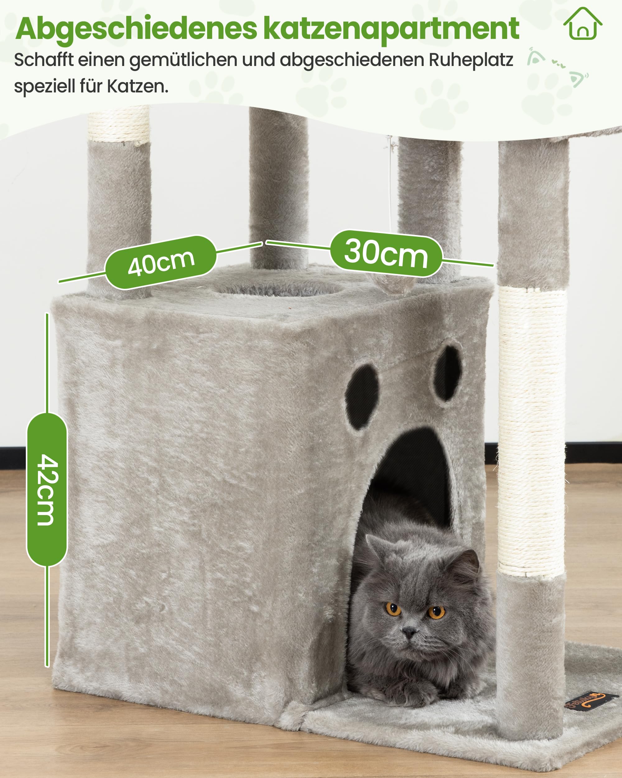Kratzbaum Groß, Kratzbaum Grosse Katzen Stabil 170 cm hoch - Katzenbaum XL, Mehrstöckiger Katzenbaum Grau mit 4 Kratzsäulen, 6 Plüschbälle, Plattformen, Höhlen, Hängematte - Cat Tree Tower