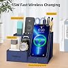 Cargador inalámbrico TopMade con organizador de escritorio y mesa de noche, soporte de cuero para lápices y bolígrafos, estación de carga rápida para mesa de noche, para iPhone, soporte de carga, accesorios de escritorio para oficina, regalos para hombres (azul) 5