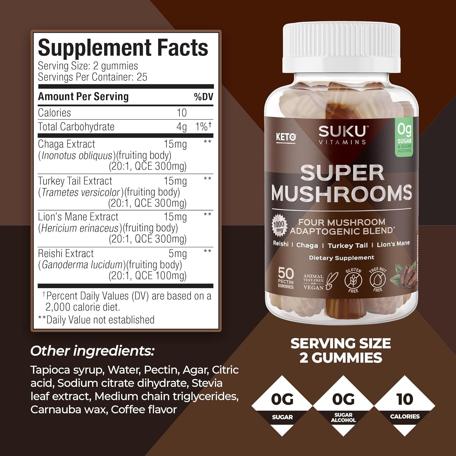 SUKU Vitamins - Super Mushroom -Reishi Chaga, Turkey Tail & Lions Mane Blend Gummies for Immunity - Easy to Chew - Non GMO, Gluten Sugar Free - Espresso Decaffeinated Flavored Gummy Vitamins, 50 Count