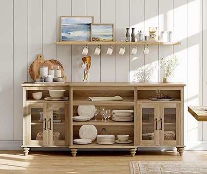 WAMAPT Buffet Cabinet with 4 Glass Doors, Large Coffee Bar Tables Wood ...