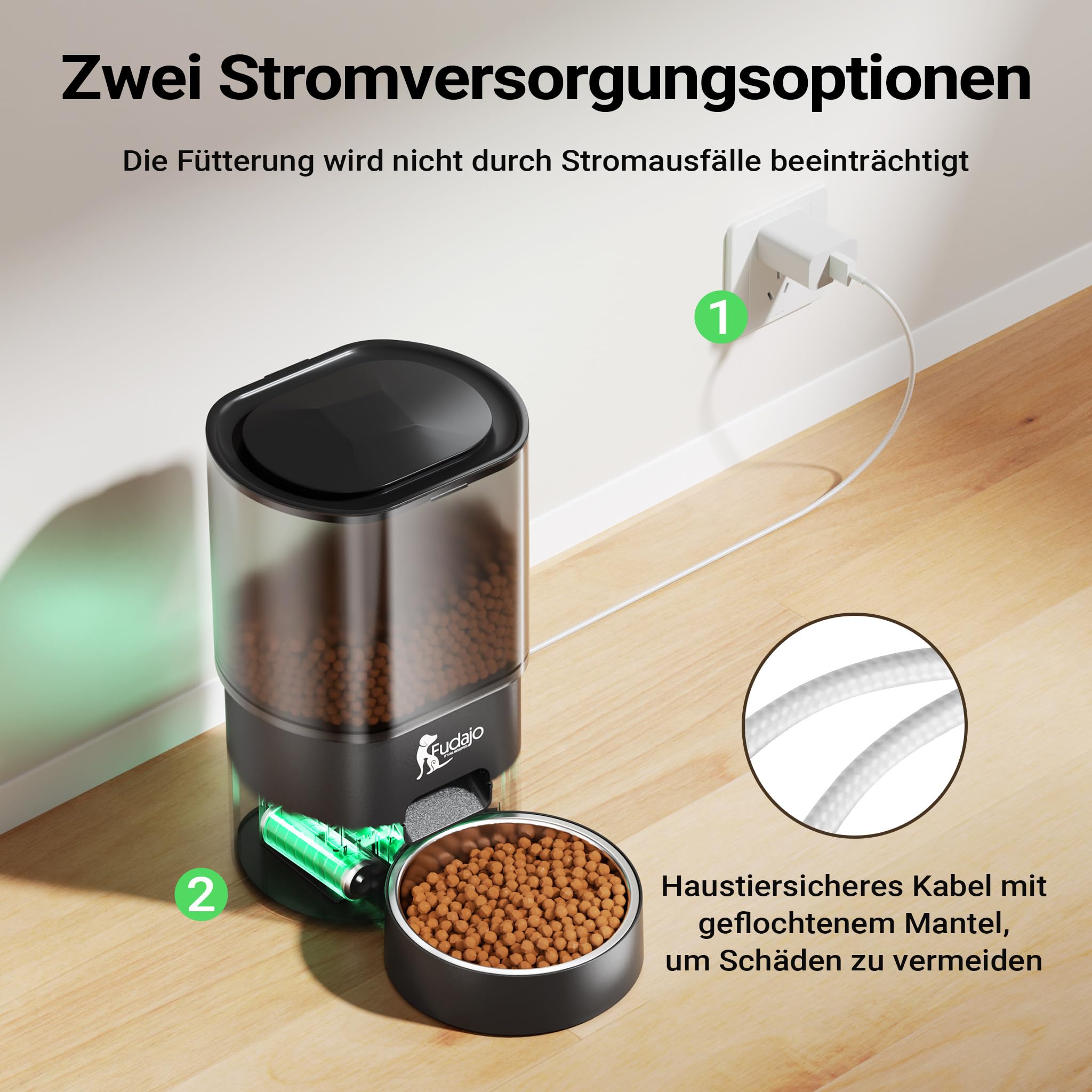 Fudajo Futter- und Trinkautomat für Katzen & Hunde in Schwarz, 3 L Futterspender und 2,5 L Trinkbrunnen, Fütterung mit App-Steuerung für Trockenfutter