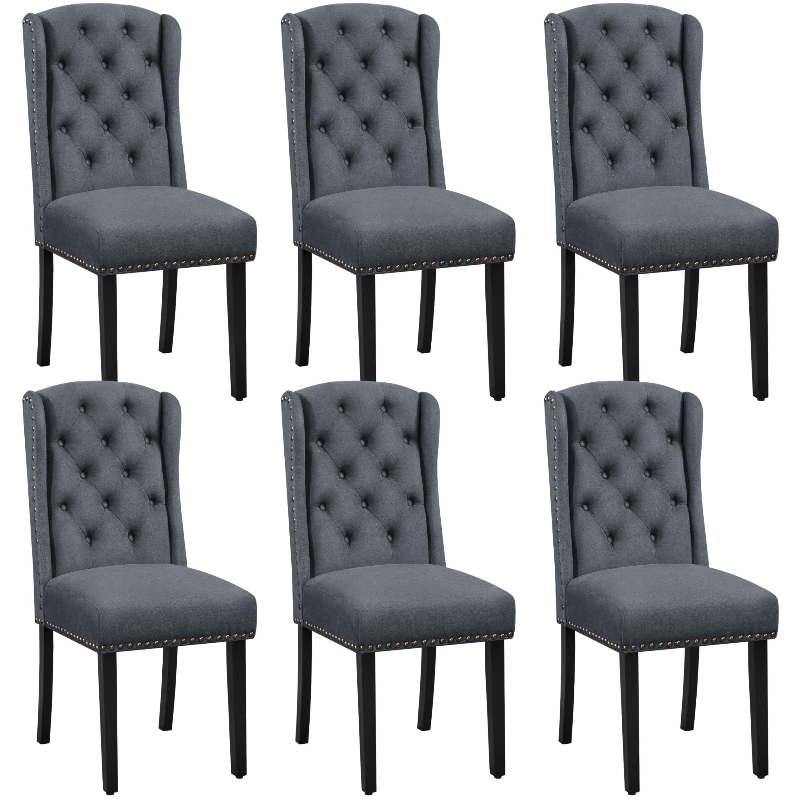 Yaheetech Upholstered Dining Chairs Set of 6 Button Tufted Kitchen Chairs with Solid Wooden Legs for Dining Room, Living Room, Deep Grey
