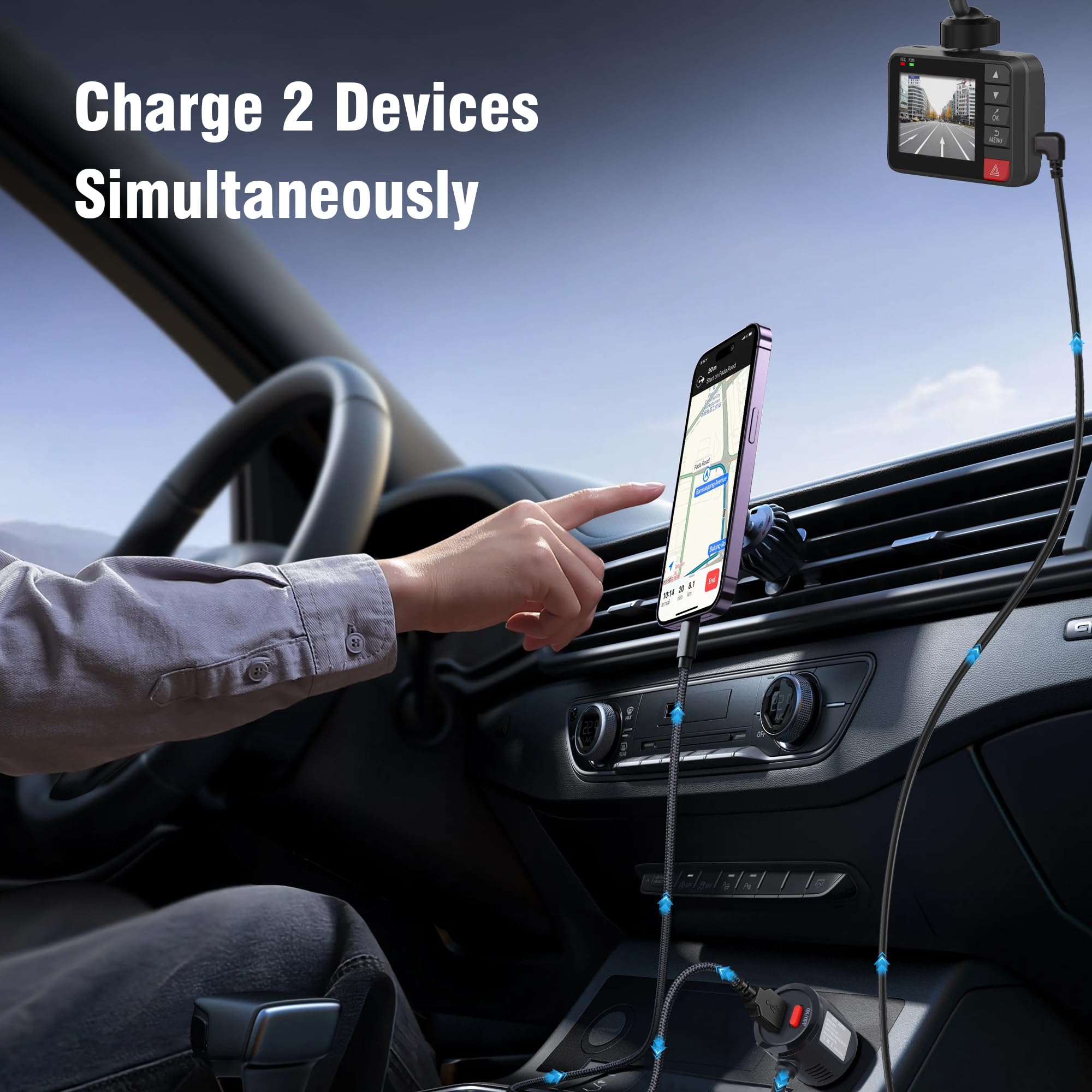 Dashcam-Ladegerät, USB C, Dual-Port-Dashcam-Netzadapter mit Schalter, Typ C, 90 Grad abgewinkelt, Auto-Schnellladekabel für Redtiger/Vantrue/Garmin GPS-Navigator, 30 cm