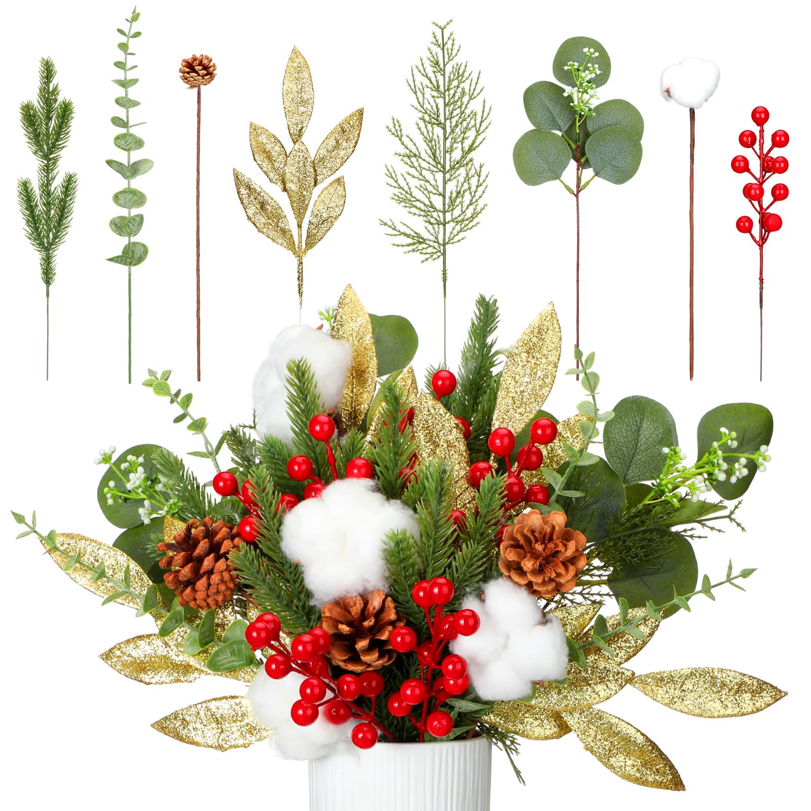 36 Pcs Christmas Artificial Flowers Bouquet Holly Red Berry Stems for Vase Fake Pine Branches Pine Cone Holiday Floral Christmas Tree Picks for Xmas Table Centerpiece Vase Fillers Wreath DIY