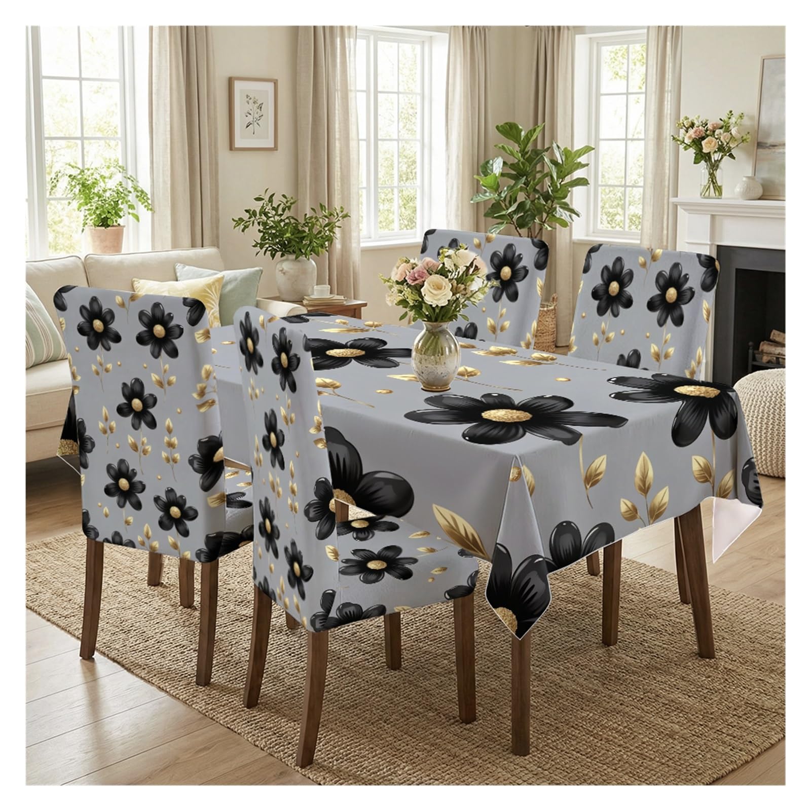KXUAUV Stretch Dining Chair Slipcover & Tablecloth Set, Light Gray Black Golden Floral Print, 5/7 Pack, Luxury Elegant Home Decor Party Decor(5pcs Set: Tablecloth+Chair Covers)