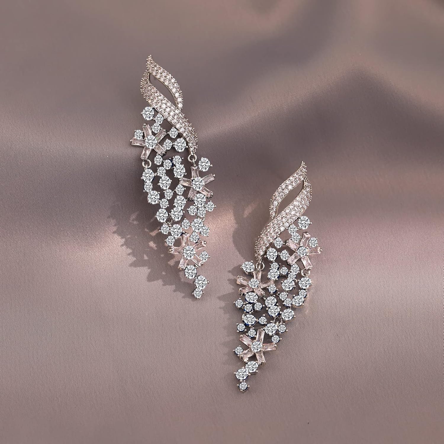 Zircon Gemstone Drop Dangle Earrings, Rhinestone Cluster Earrings Luxury Bridal Flower Fashion Jewelry, 18K Gold Plated 925 Sterling Silver Posts Sparkly Evening Dressy Earrings - Image 2