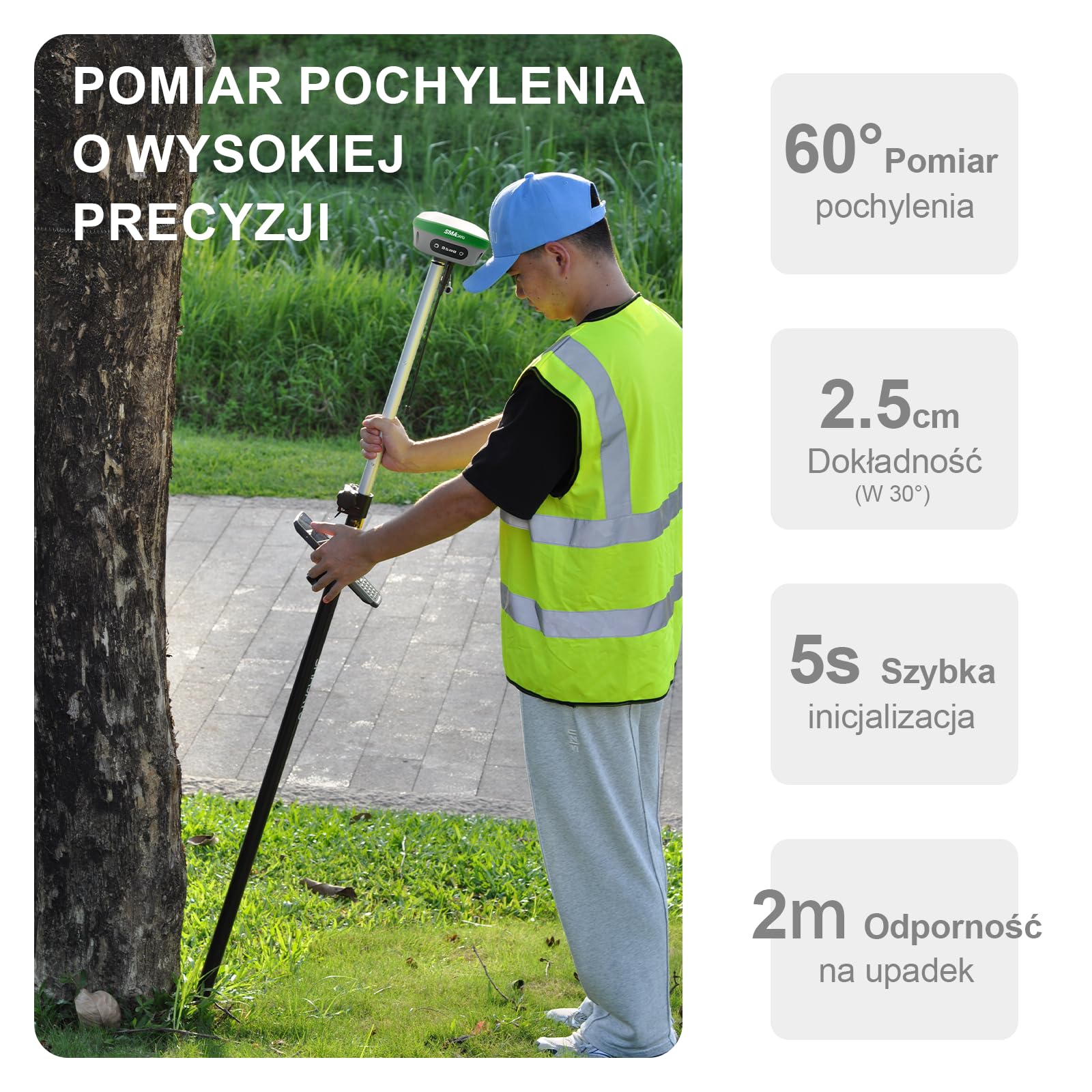 Sprzęt pomiarowy IMU RTK GPS z dokładnością 1 cm Odległość między SMA26 PRO RTK Rover a RTK Base wynosząca kilka kilometrów, pomiar pod kątem 0-30° (w zestawie statyw, drążek i trójnóg)