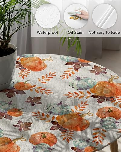 Miniatura 3 de Mantel redondo ajustable con diseño de hojas de otoño para mesas de comedor, mantel elástico con bordes de hojas de otoño, calabaza, impermeable, a
