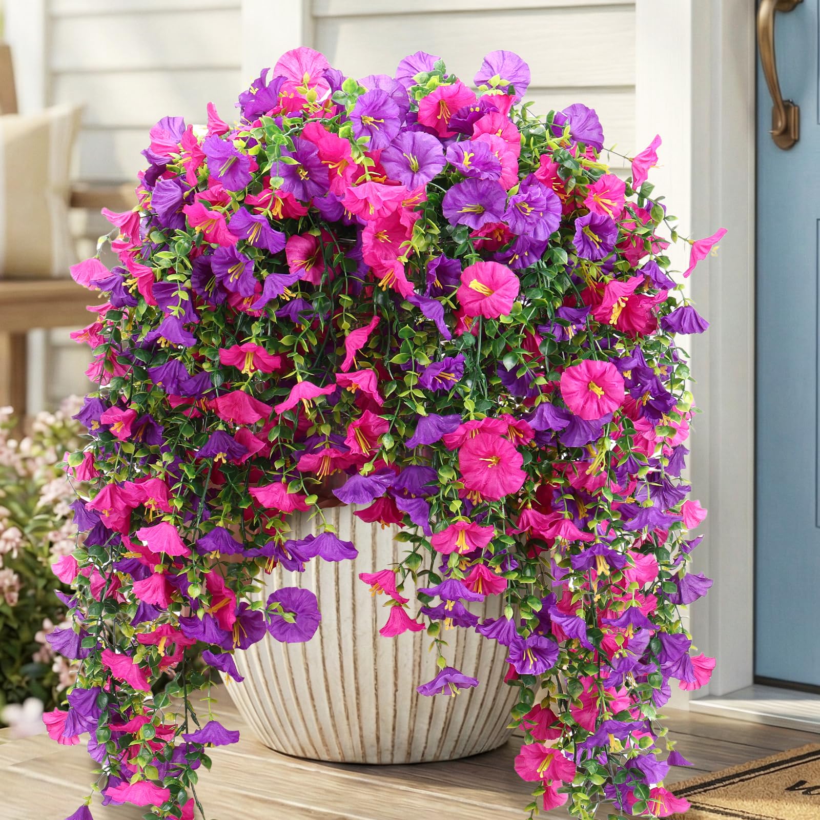 View 1 of ***ONLY 1 BUNCH*** CEWOR Artificial Hanging Flowers for Outdoors Fake Morning Glory Flowers