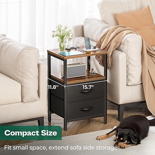 Miniatura 6 de Huuger - Juego de 2 mesitas de noche, mesas auxiliares con estación de carga, mesas laterales con cajones de tela, mesas de noche con puertos USB y