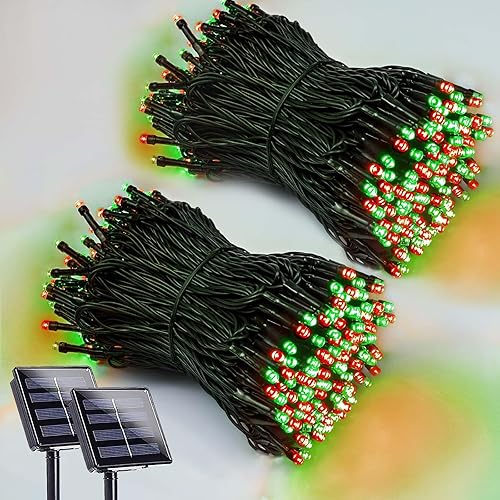Miniatura 8 de Paquete de 2 tiras de 200 luces LED solares para exteriores, luces solares de Navidad para exteriores con 8 modos de iluminación, cable verde Blanco
