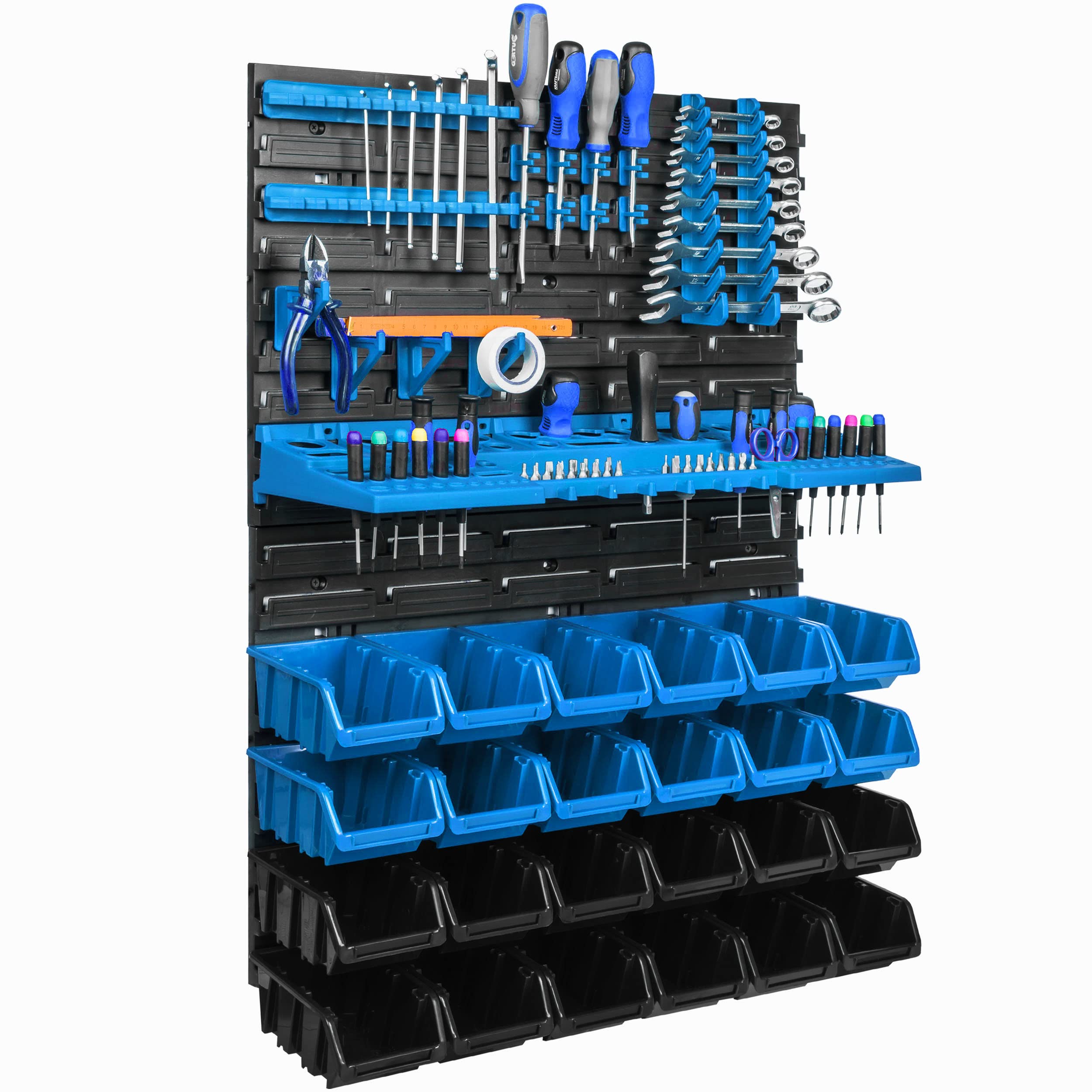 Lagersystem Wandregal 58x78cm, Werkzeughalterungen, 24 stck. Stapelboxen Schüttenregal Sichtlagerkästen, Extra Starke Wandplatten, Regal Erweiterbar, Werkstattregal Lagerregal Werkstattwandregal Stec