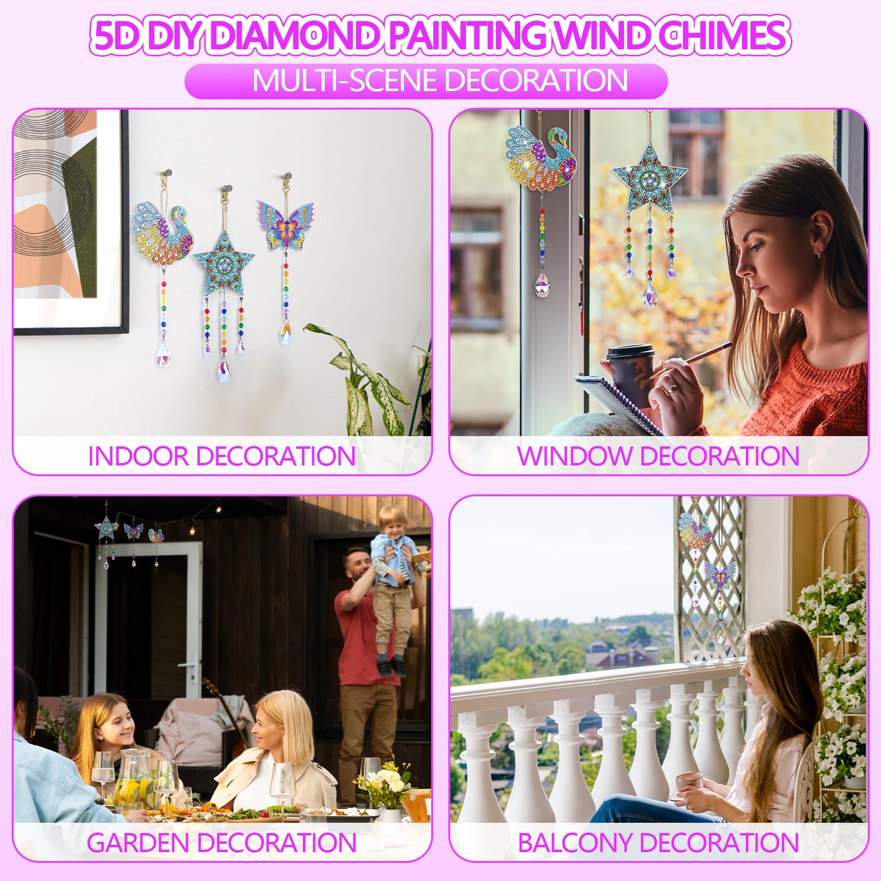 3 Carillons à Vent Diamant Painting DIY - Formes Cœur, Lune, Arbre - Strass 5D - Déco Maison Et Jardin