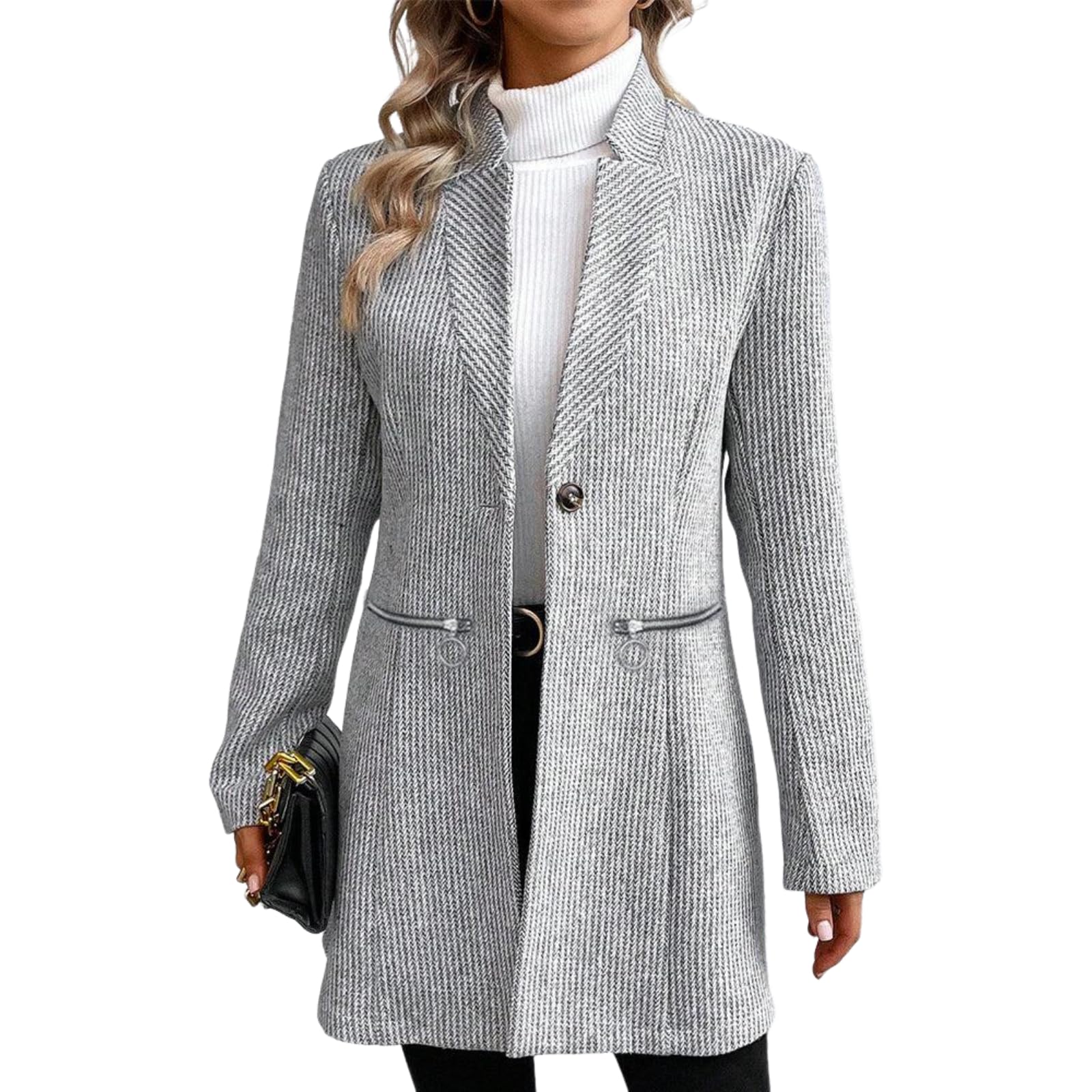 Women's Grey Mid-Long Herringbone Tweed Pea Coats 2025 Fall Winter Single Breasted Stand Collar Jacket Outwears-image-39