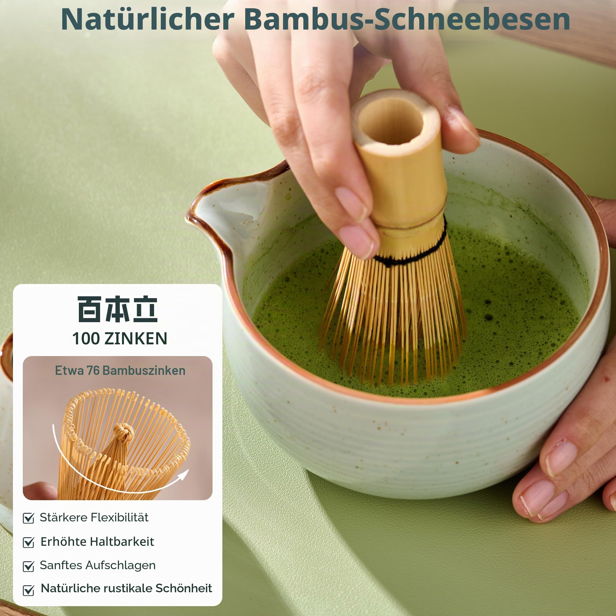 ComboJoy Matcha-Besen-Set, komplettes Matcha-Set mit Schale, Bambusbesen und Halter, Löffel, Sieb, Glas mit Deckel und Strohhalm, Eiswürfelform – Geschenkset für Matcha-Liebhaber