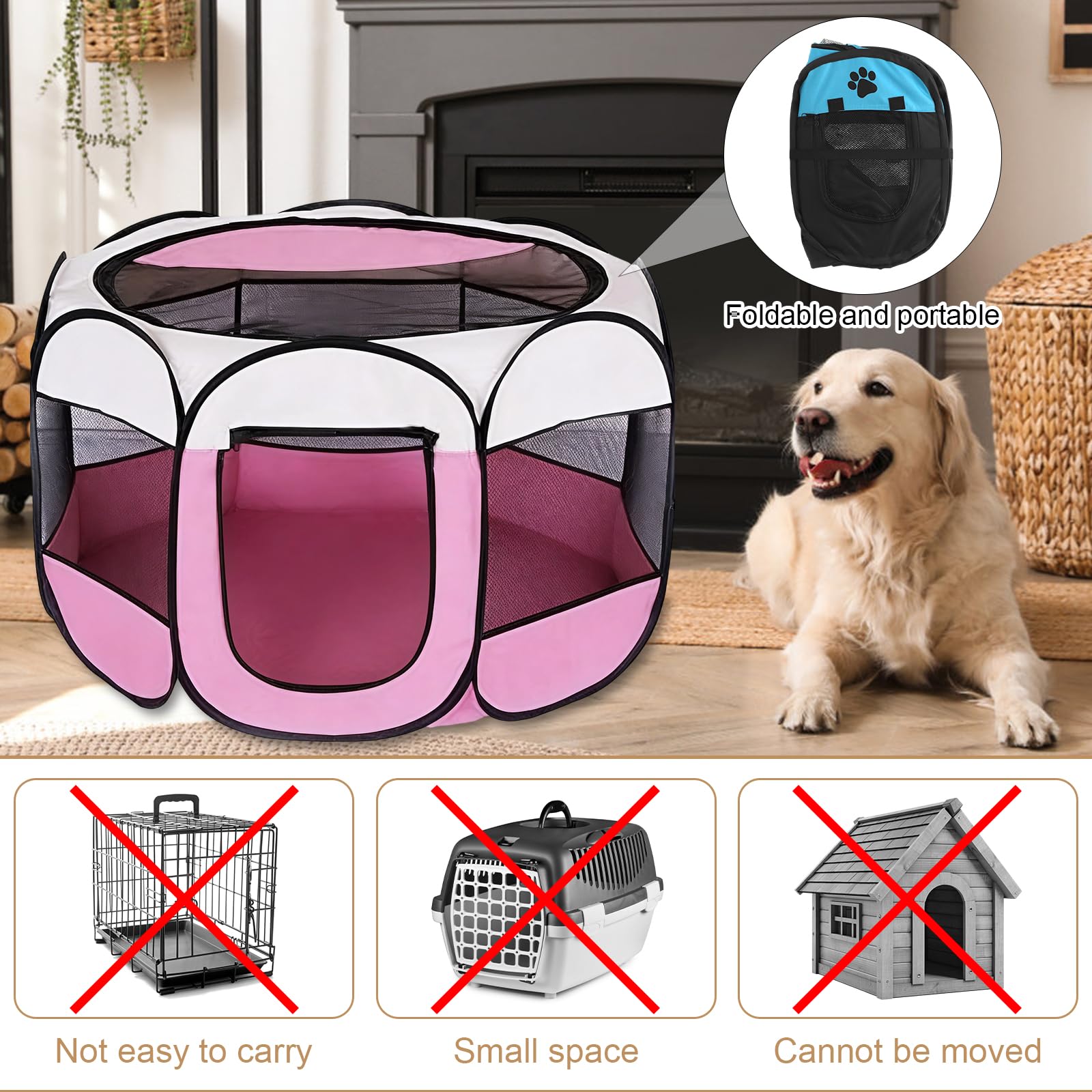 Parc pour Chien, Portable Parc pour Chiens et Chats, Tente Respirante pour l'intérieur et l'extérieur, pour Chats, Chiens, Lapins, Idéal pour Voyage et Camping, 74 x 74 x 43 cm (Rose)