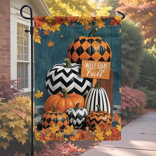 Miniatura 7 de V VIBEPY Banderas de jardín impresas de doble cara de otoño, bandera de jardín de 12 x 18 pulgadas, calabaza de otoño, regalos de bienvenida de otoño